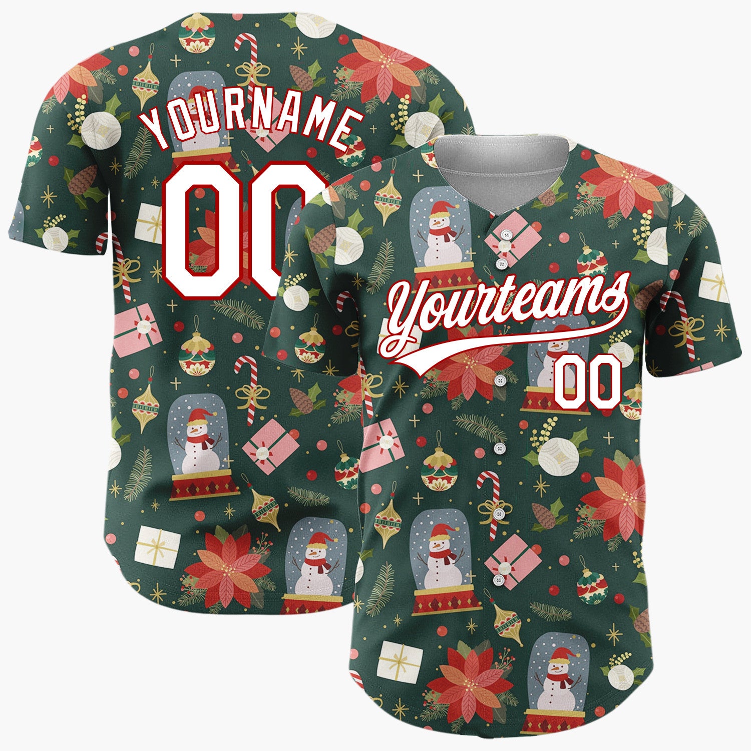 Custom Dark Green Winter Wonderland Cartoon Pattern Christmas Baseball Jersey