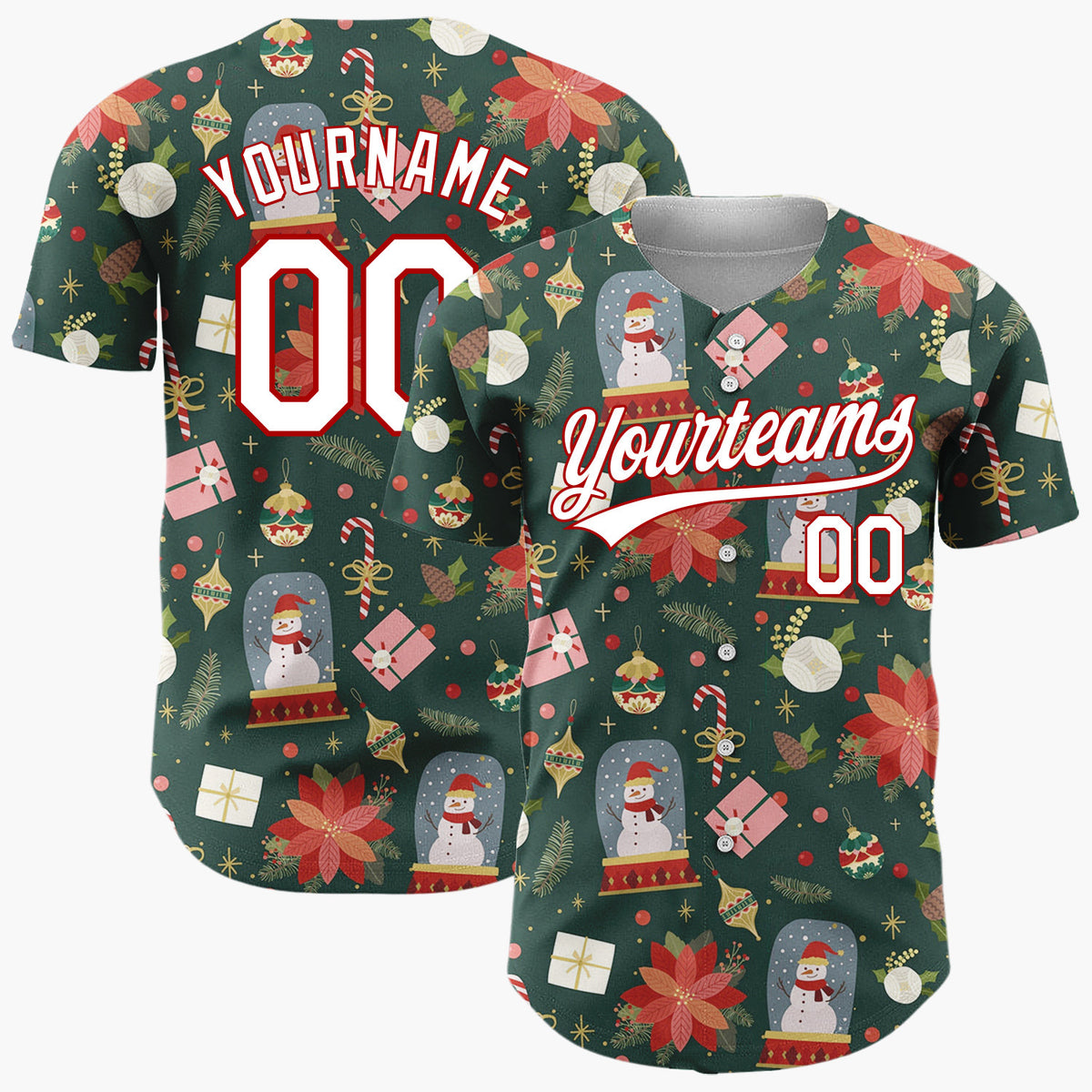 Custom Dark Green Winter Wonderland Cartoon Pattern Christmas Baseball Jersey