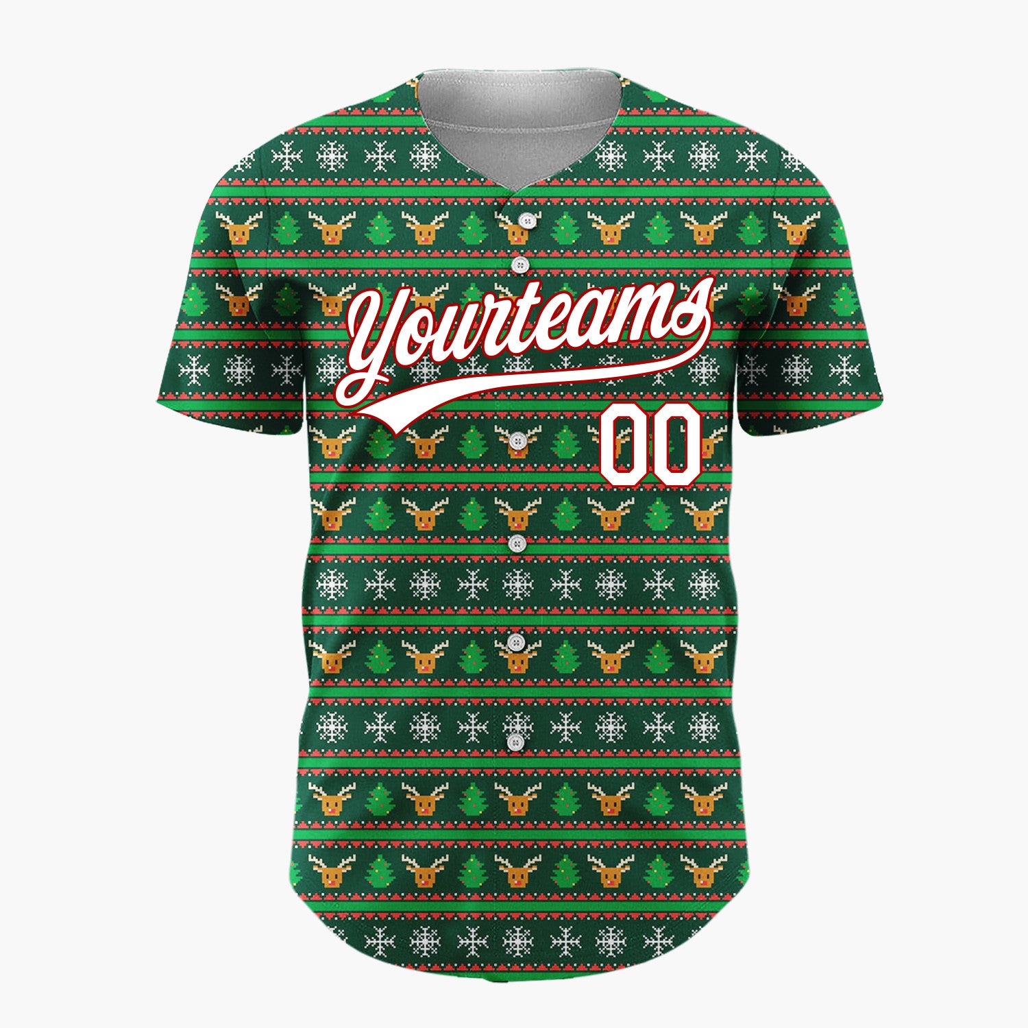 Custom Dark Green Red Orange Reindeer Nordic Knit Christmas Baseball Jersey
