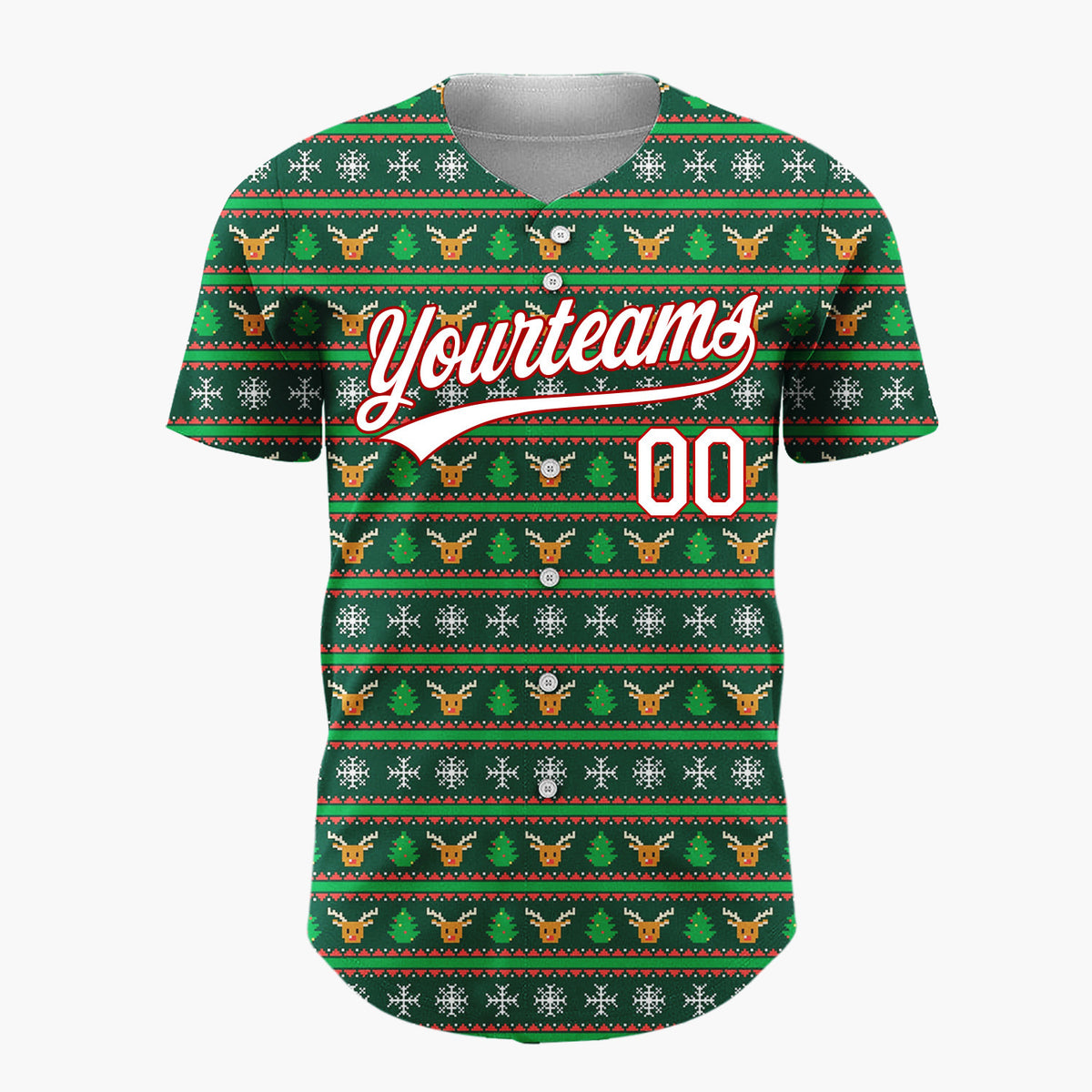 Custom Dark Green Red Orange Reindeer Nordic Knit Christmas Baseball Jersey