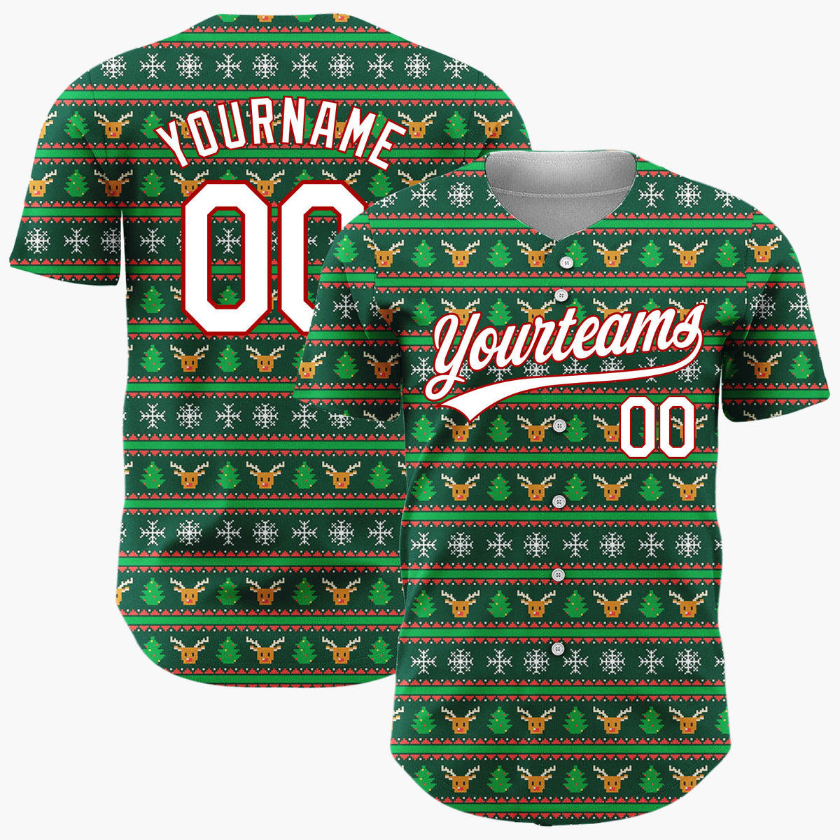 Custom Dark Green Red Orange Reindeer Nordic Knit Christmas Baseball Jersey
