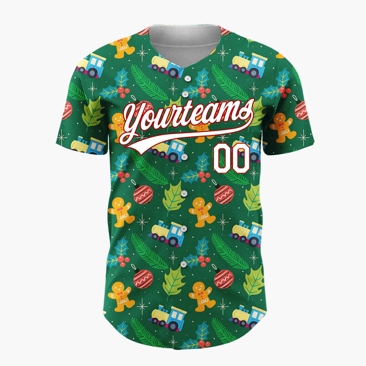Custom Green Yellow Red Gingerbread Man Train Botanical Pattern Christmas Baseball Jersey