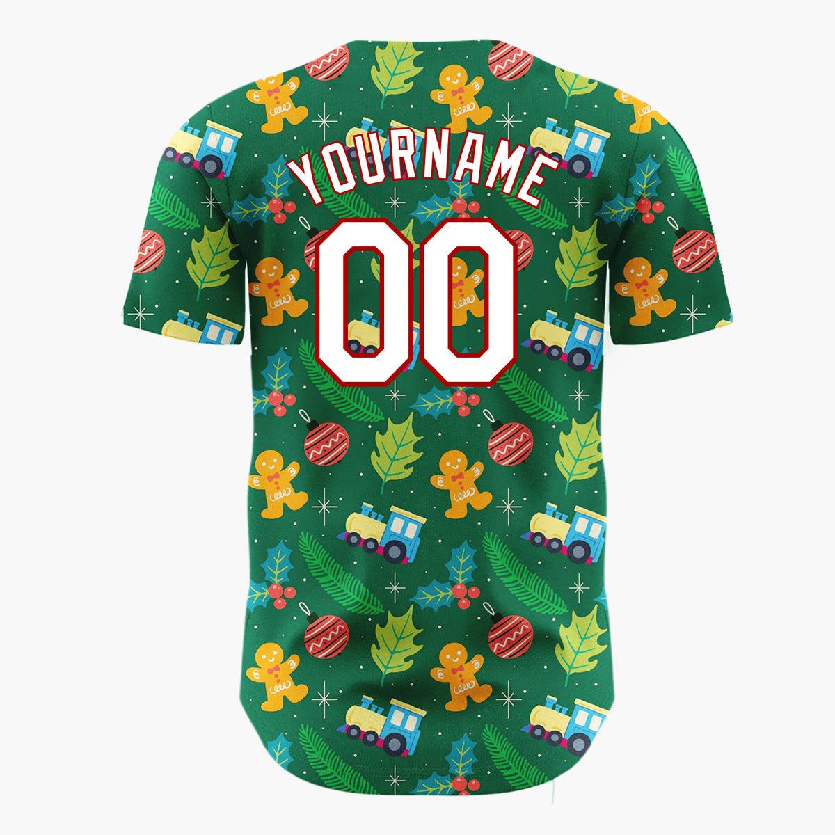 Custom Green Yellow Red Gingerbread Man Train Botanical Pattern Christmas Baseball Jersey