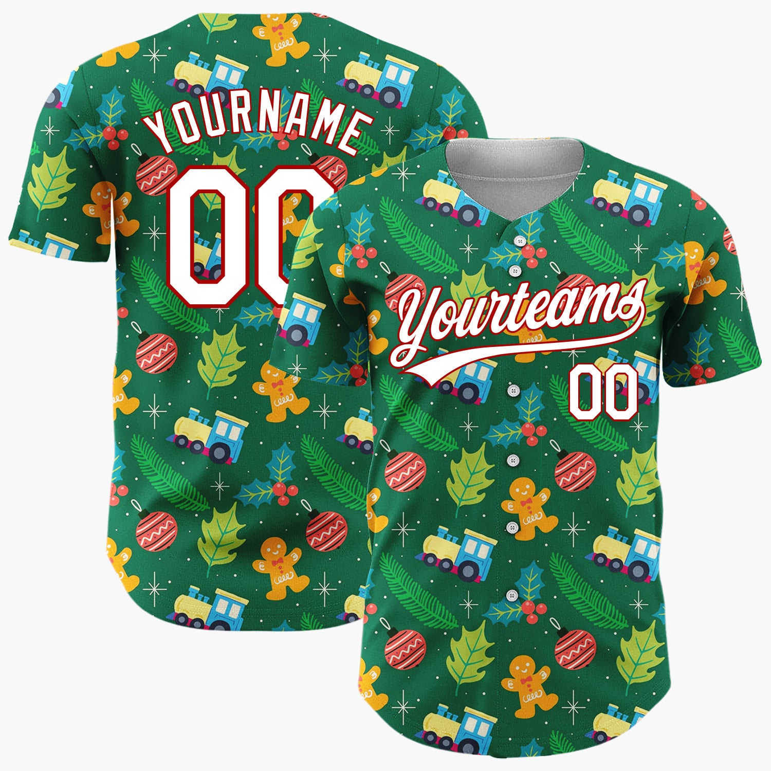 Custom Green Yellow Red Gingerbread Man Train Botanical Pattern Christmas Baseball Jersey