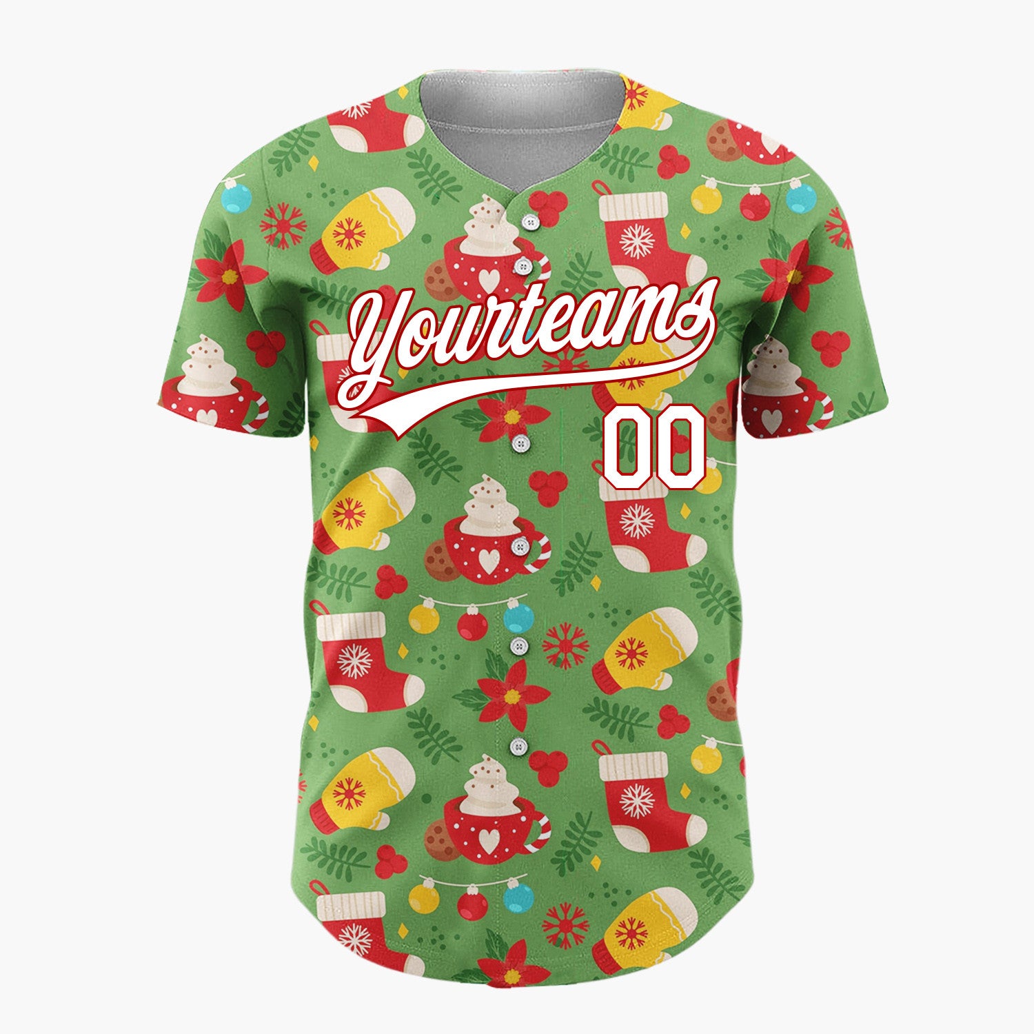 Custom Green Red Mitten Hot Chocolate Poinsettia Christmas Baseball Jersey