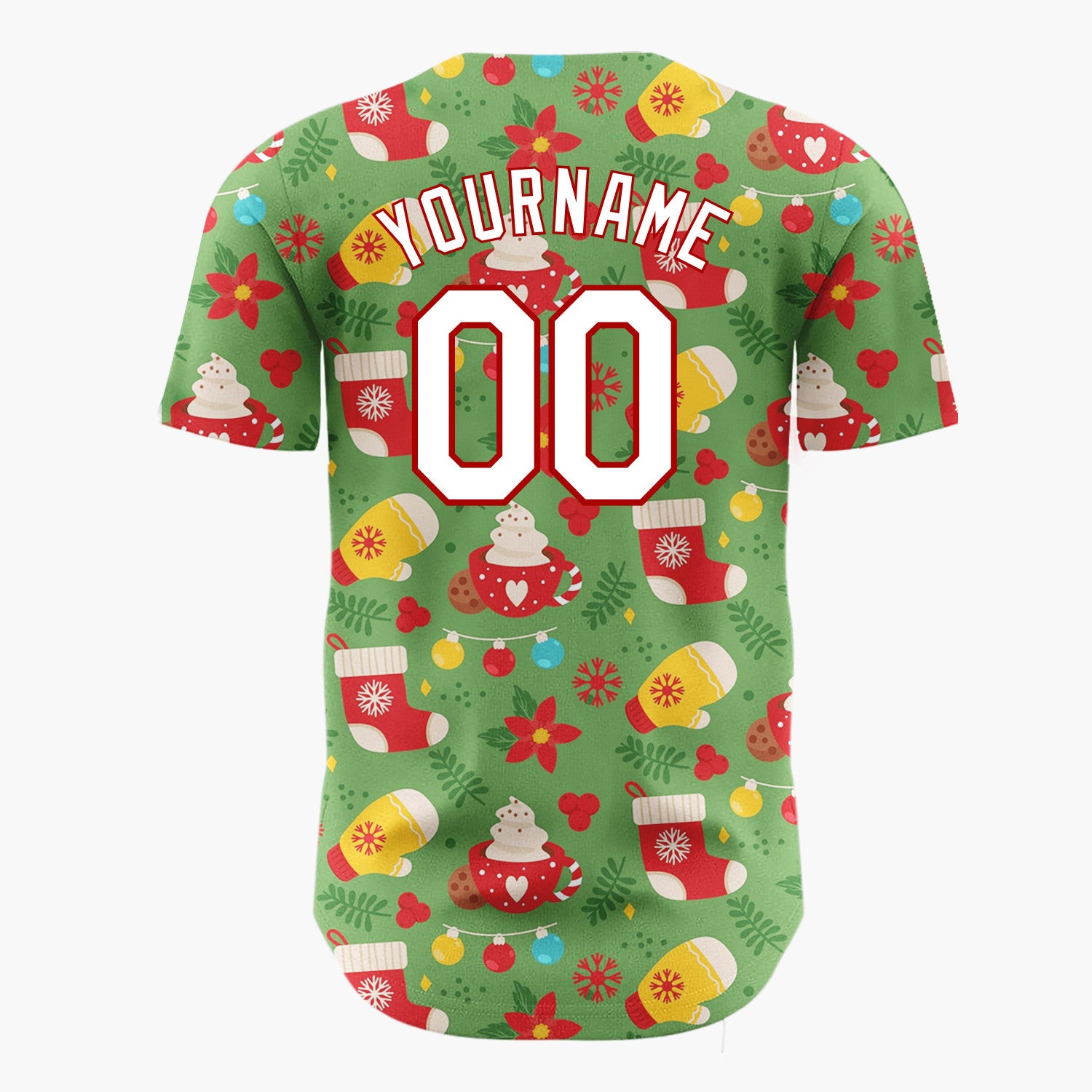 Custom Green Red Mitten Hot Chocolate Poinsettia Christmas Baseball Jersey