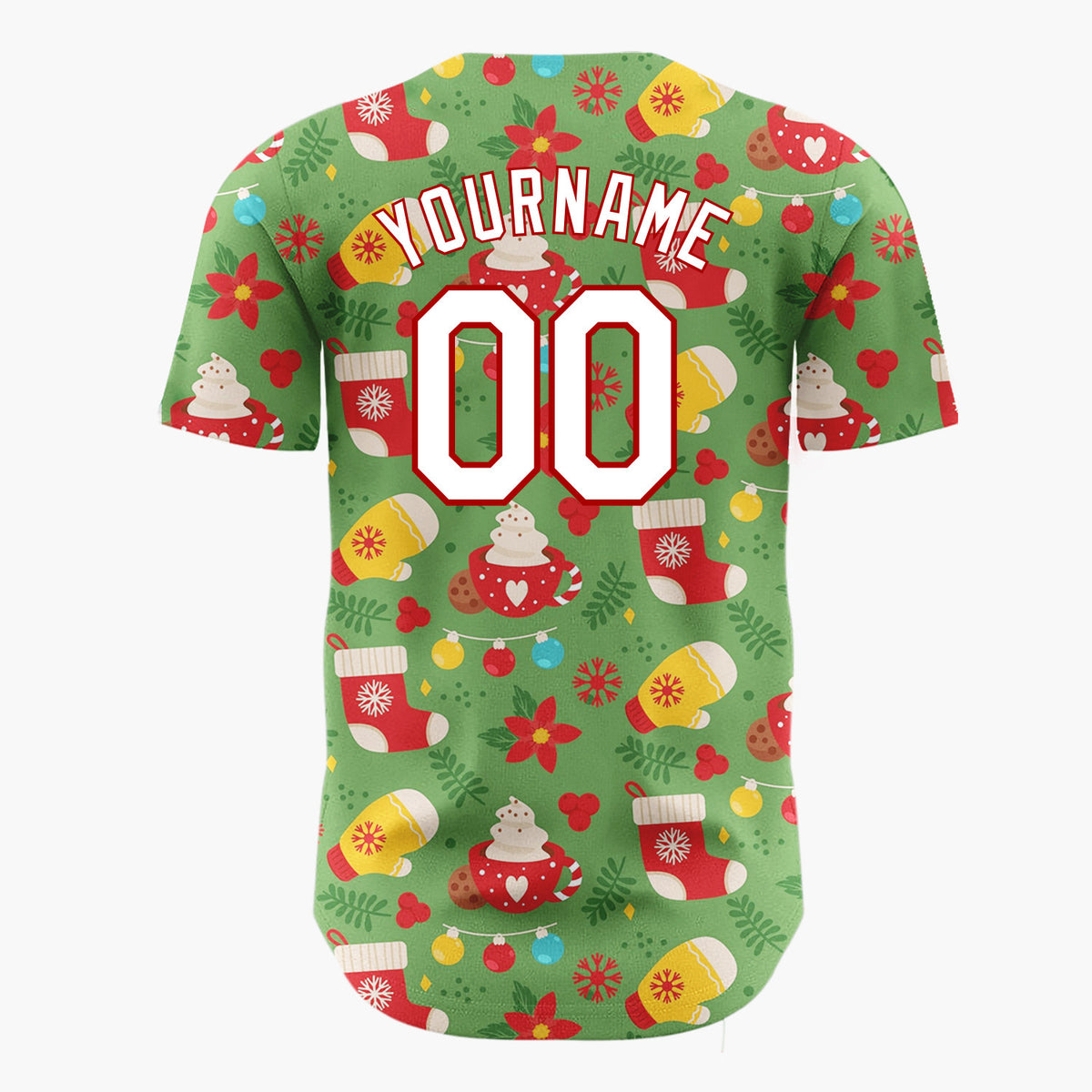 Custom Green Red Mitten Hot Chocolate Poinsettia Christmas Baseball Jersey