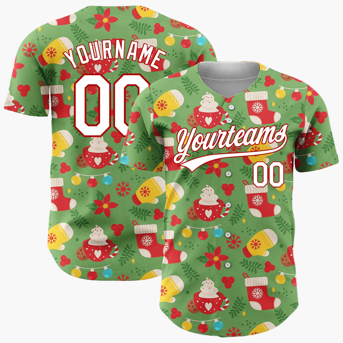 Custom Green Red Mitten Hot Chocolate Poinsettia Christmas Baseball Jersey
