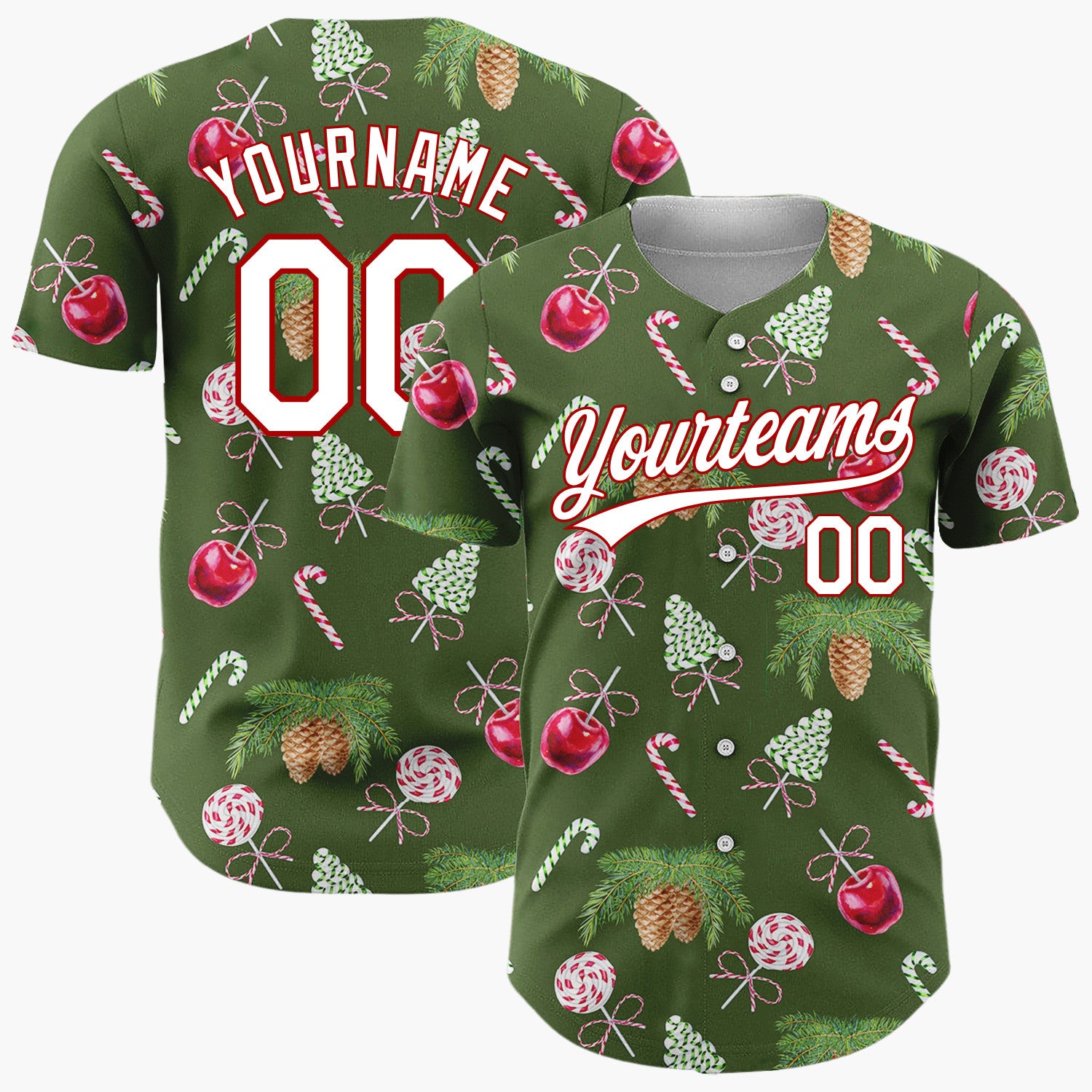 Custom Green Pinecones Candies Watercolor Christmas Baseball Jersey