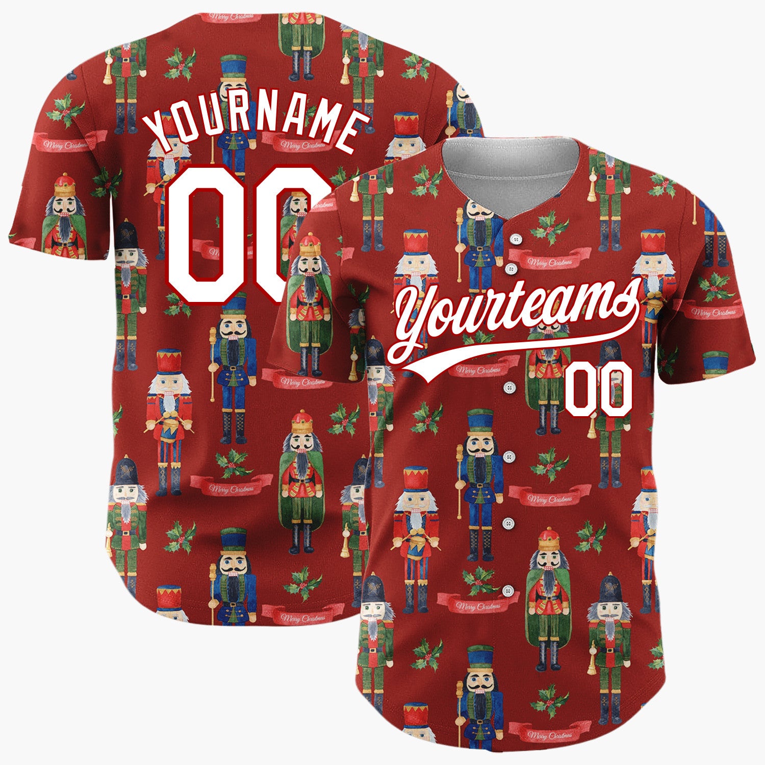 Custom Dark Red Nutcracker Soldier Watercolor Christmas Baseball Jersey