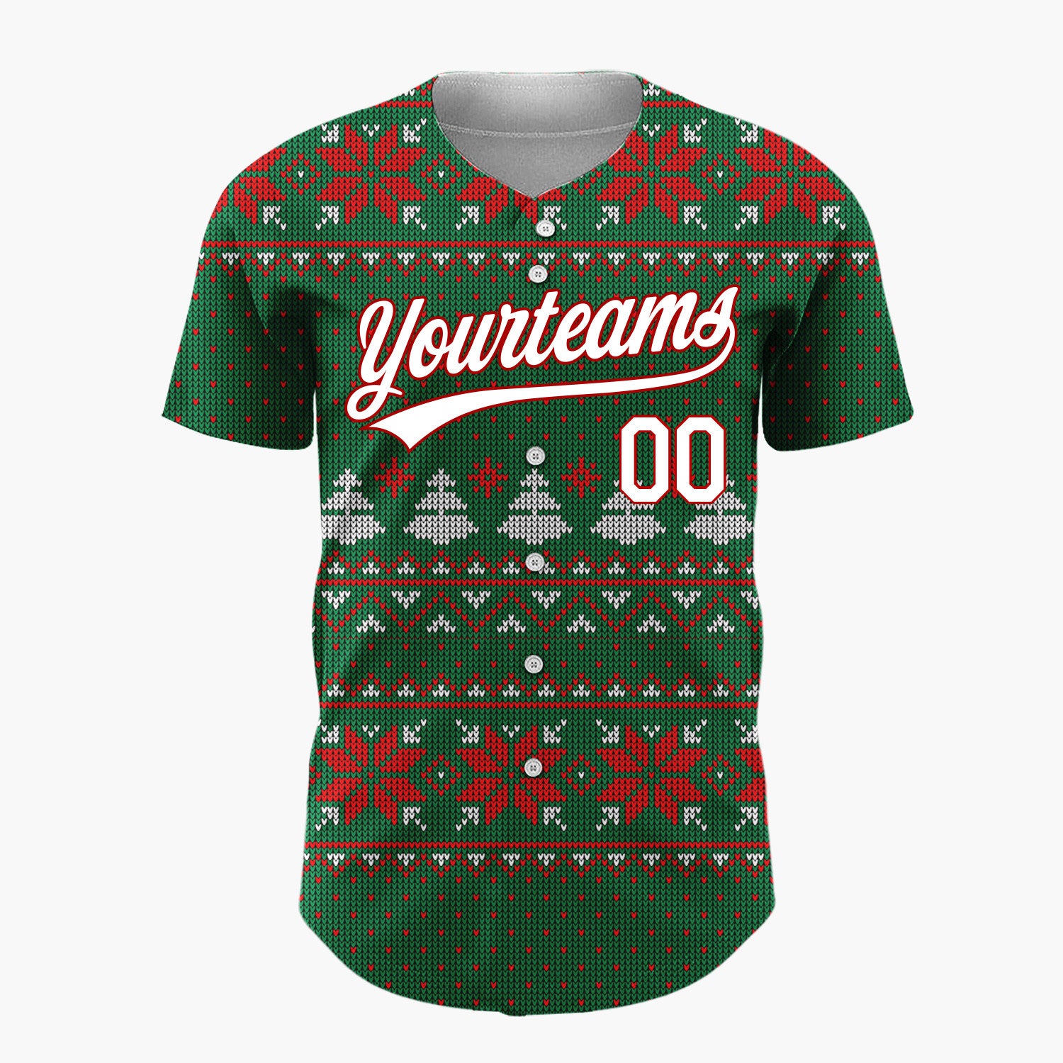 Custom Green Red Snowflakes And Trees Classic Nordic Knit Pattern Christmas Baseball Jersey