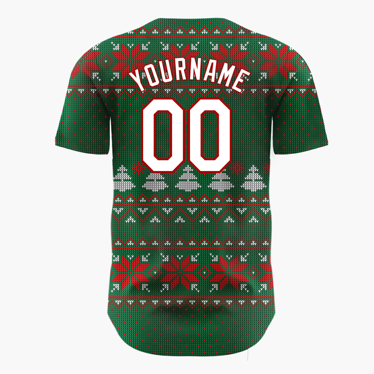 Custom Green Red Snowflakes And Trees Classic Nordic Knit Pattern Christmas Baseball Jersey