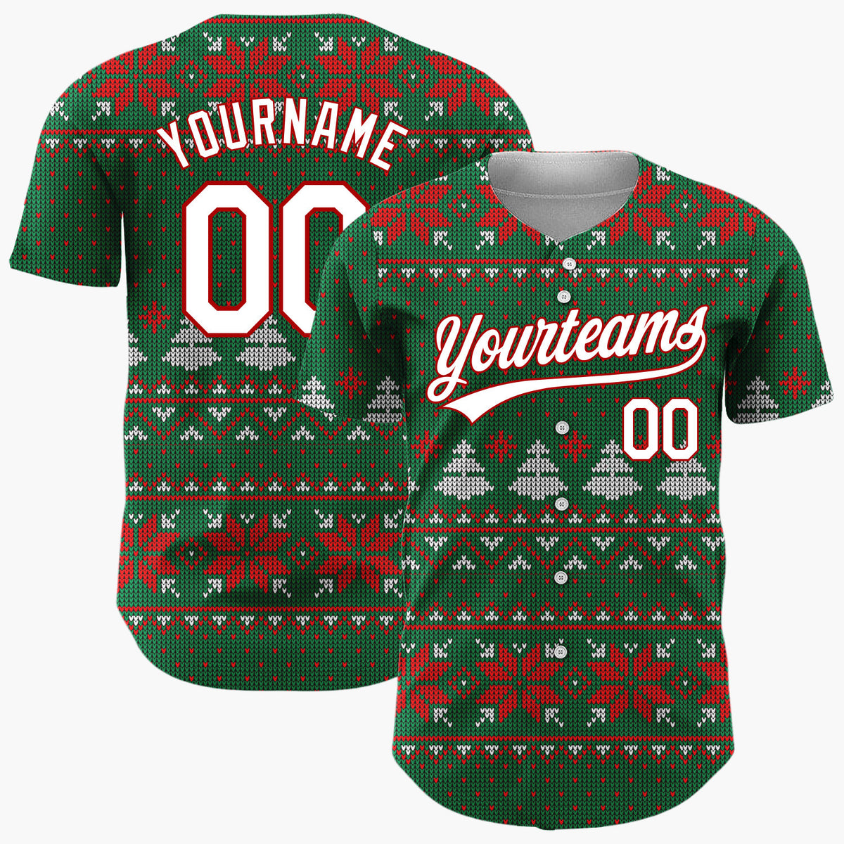 Custom Green Red Snowflakes And Trees Classic Nordic Knit Pattern Christmas Baseball Jersey