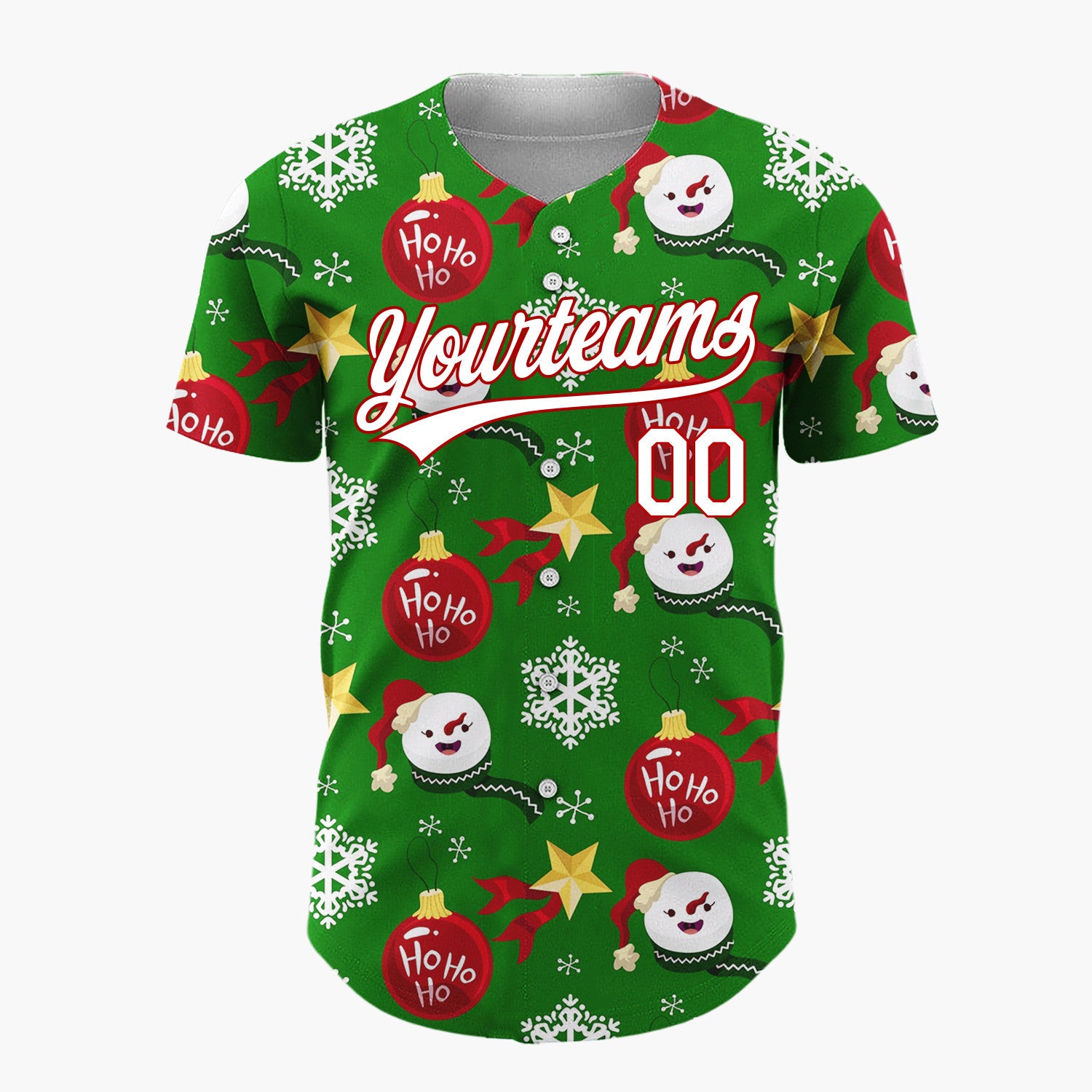 Custom Green Red Yellow Snowflakes Stars And Baubles Ho Ho Ho Christmas Baseball Jersey