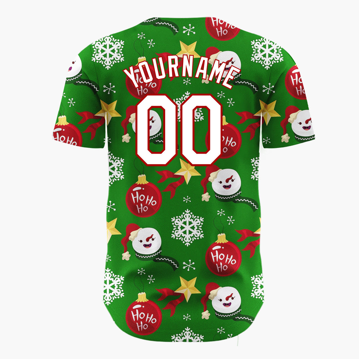 Custom Green Red Yellow Snowflakes Stars And Baubles Ho Ho Ho Christmas Baseball Jersey