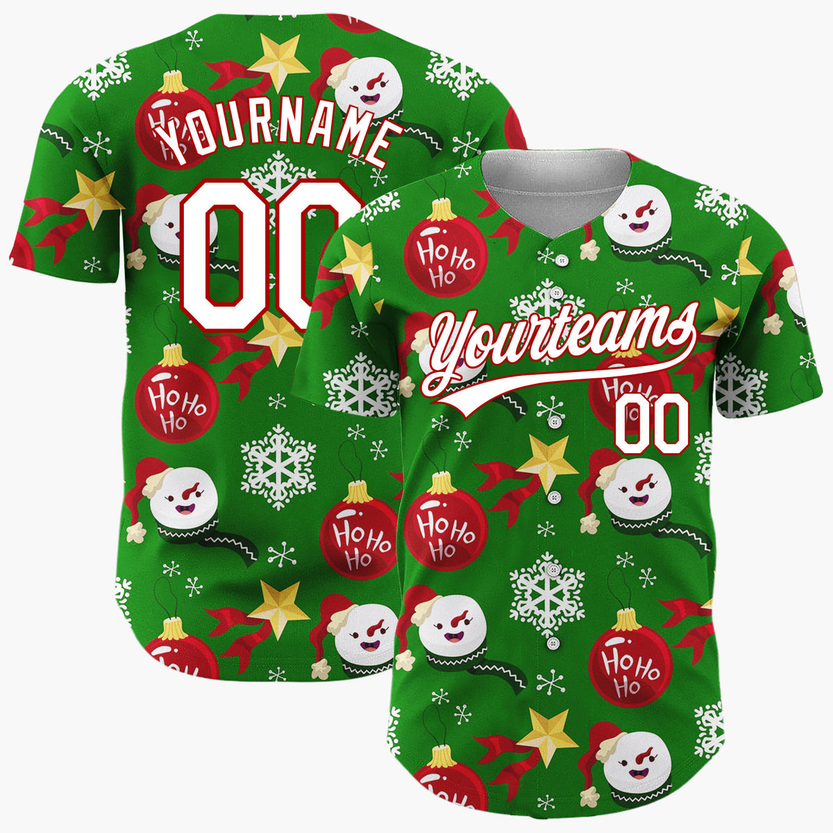 Custom Green Red Yellow Snowflakes Stars And Baubles Ho Ho Ho Christmas Baseball Jersey