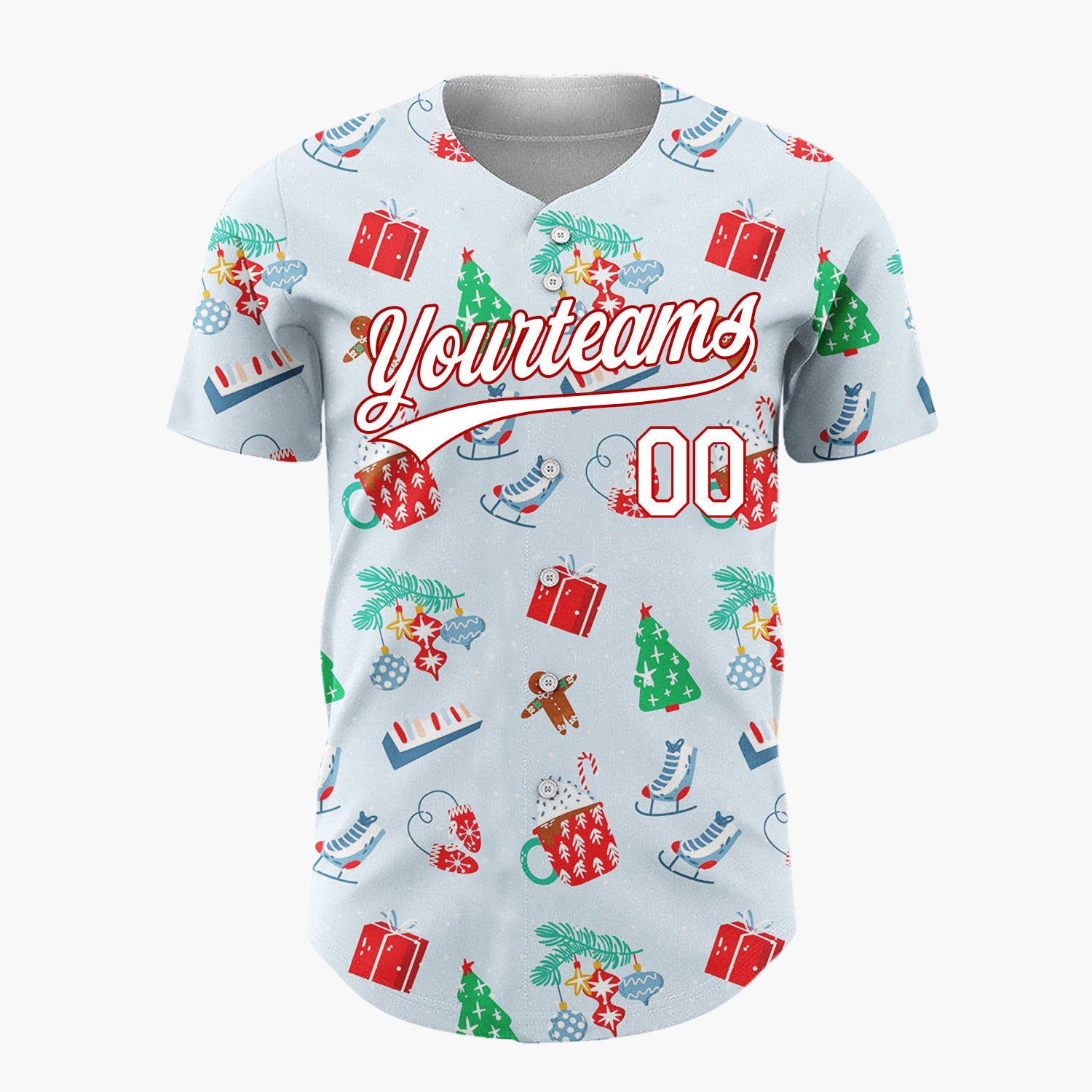 Custom Light Blue Red Cocoa Skate Gingerbread Christmas Baseball Jersey