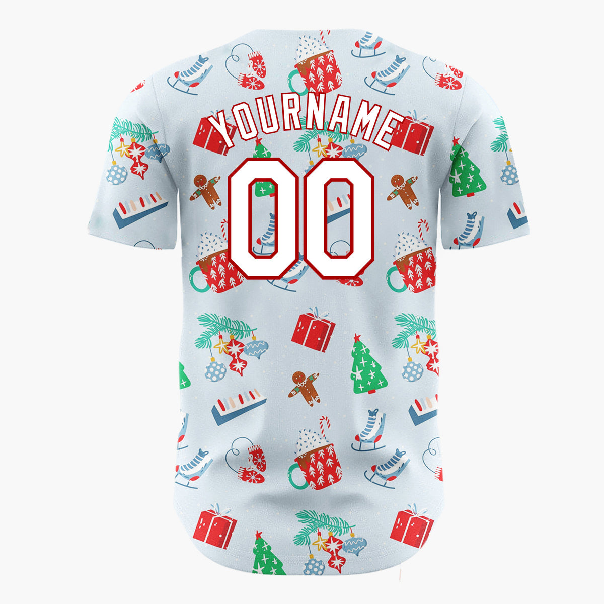 Custom Light Blue Red Cocoa Skate Gingerbread Christmas Baseball Jersey