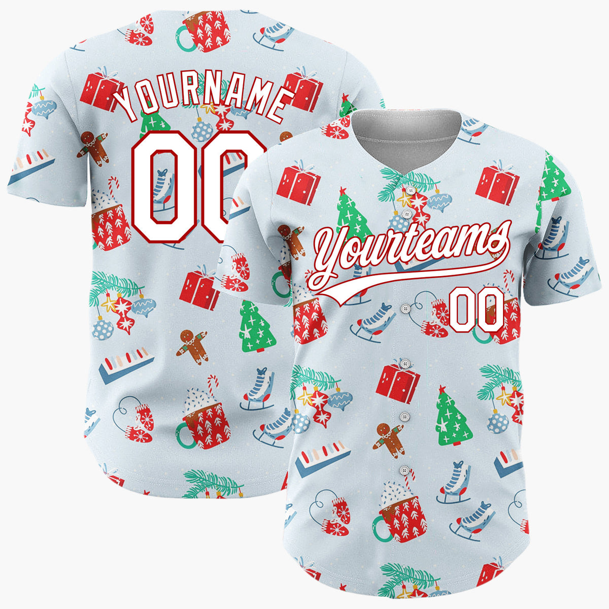 Custom Light Blue Red Cocoa Skate Gingerbread Christmas Baseball Jersey