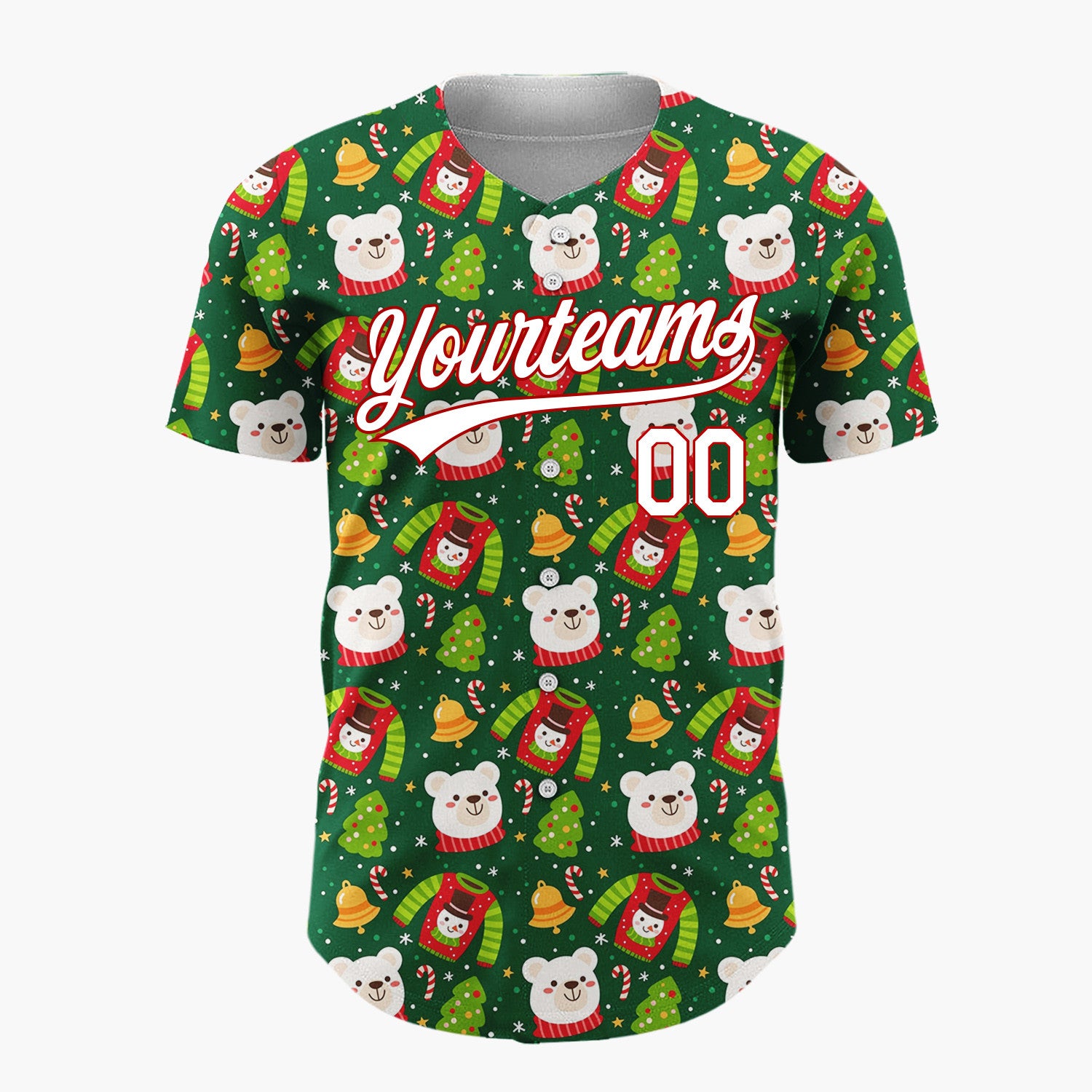 Custom Dark Green Red Polar Bears Sweaters And Trees Cozy Holiday Pattern Christmas Baseball Jersey