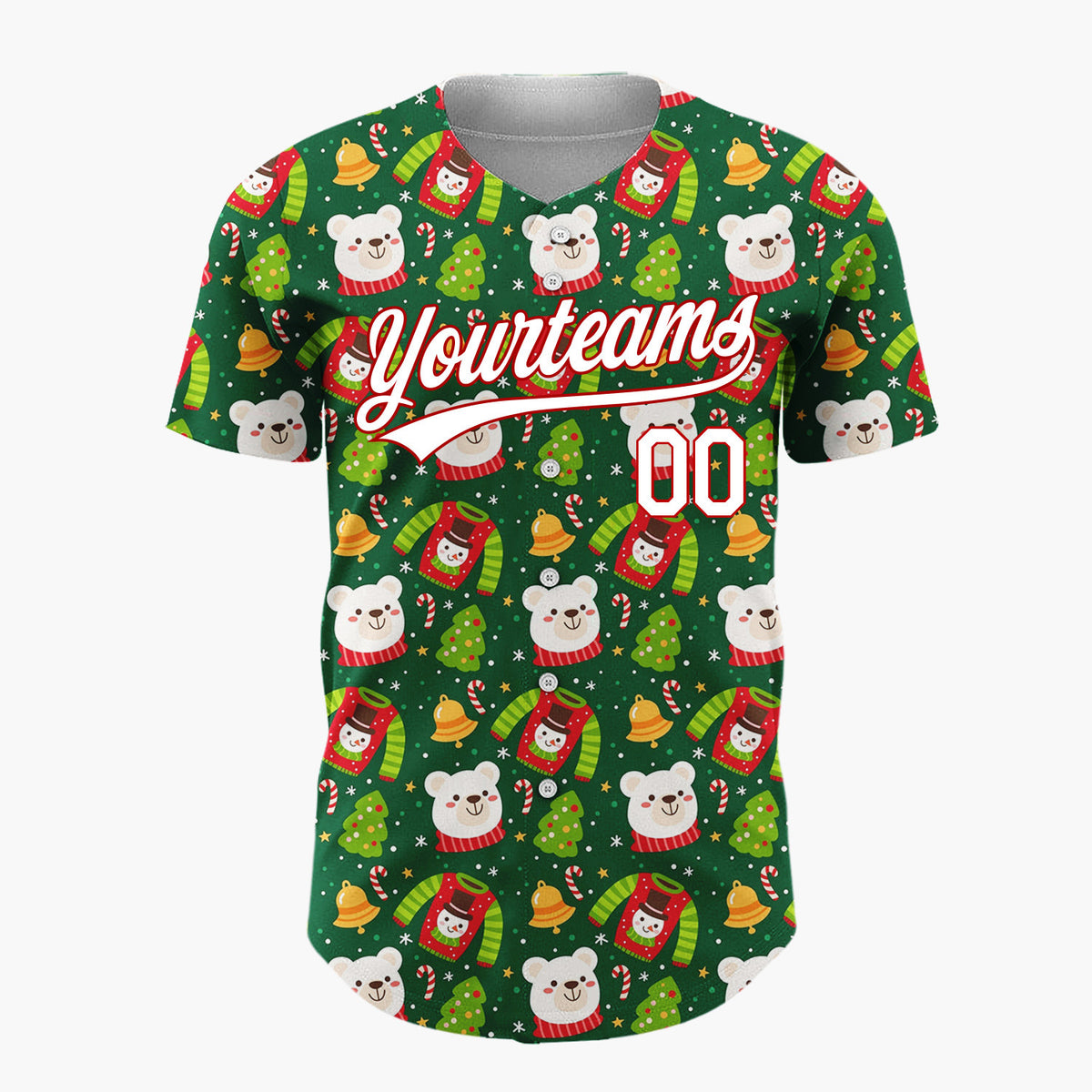 Custom Dark Green Red Polar Bears Sweaters And Trees Cozy Holiday Pattern Christmas Baseball Jersey