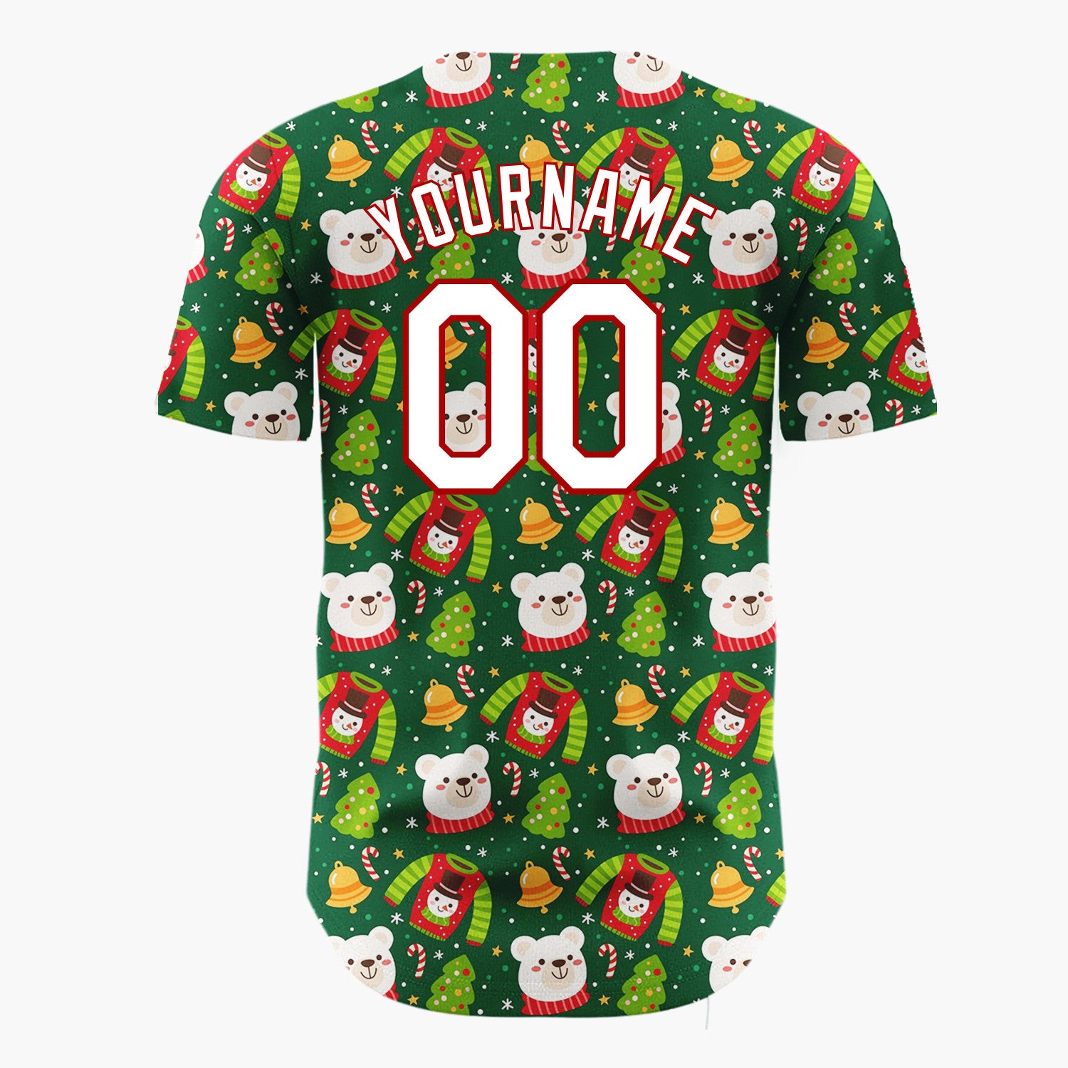 Custom Dark Green Red Polar Bears Sweaters And Trees Cozy Holiday Pattern Christmas Baseball Jersey