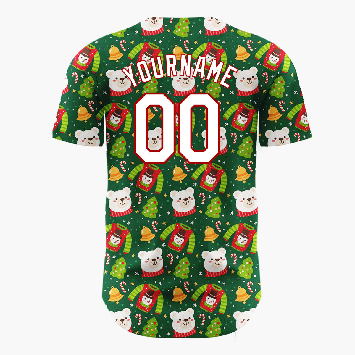 Custom Dark Green Red Polar Bears Sweaters And Trees Cozy Holiday Pattern Christmas Baseball Jersey