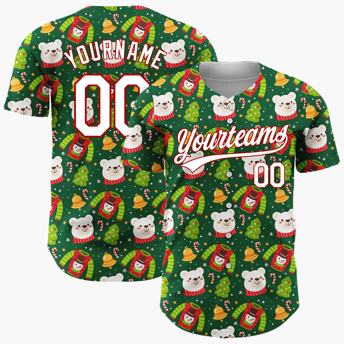 Custom Dark Green Red Polar Bears Sweaters And Trees Cozy Holiday Pattern Christmas Baseball Jersey