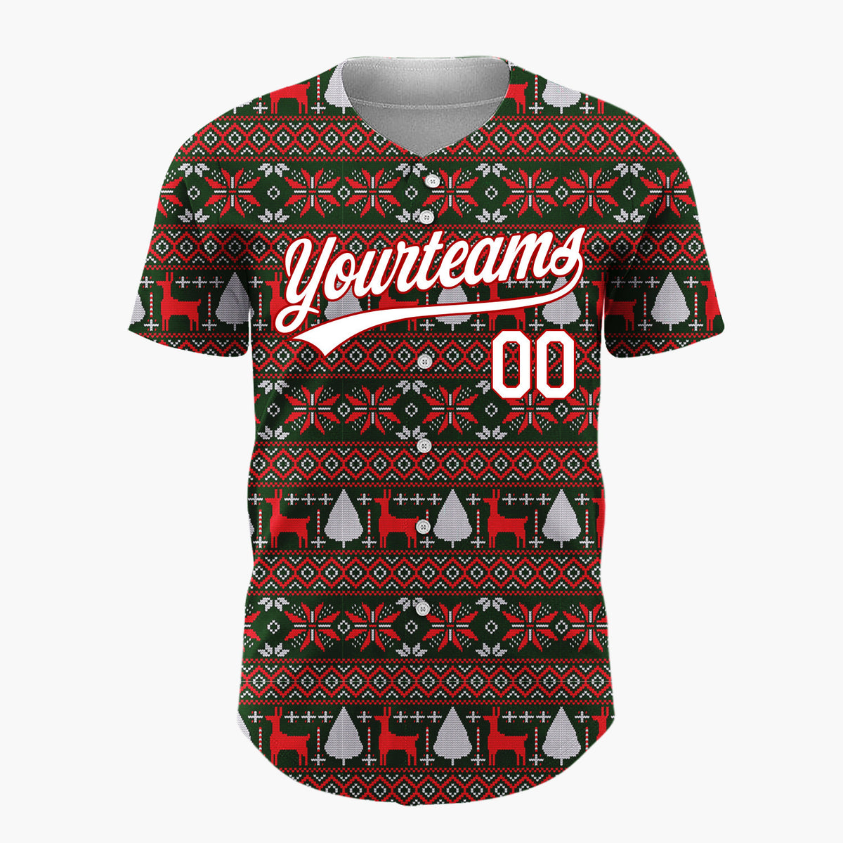Custom Dark Green Red Reindeer And Trees Nordic Knit Pattern Christmas Baseball Jersey