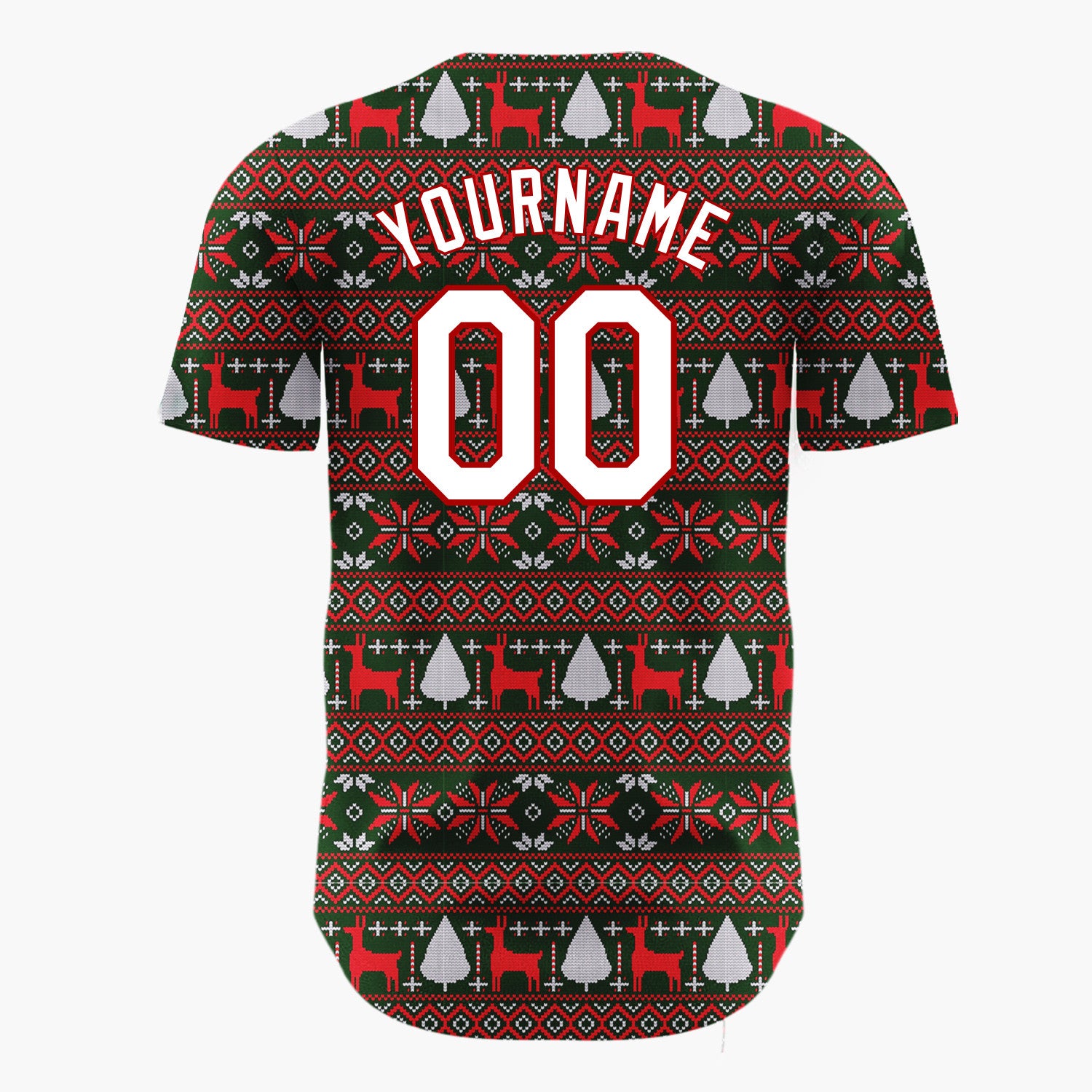Custom Dark Green Red Reindeer And Trees Nordic Knit Pattern Christmas Baseball Jersey
