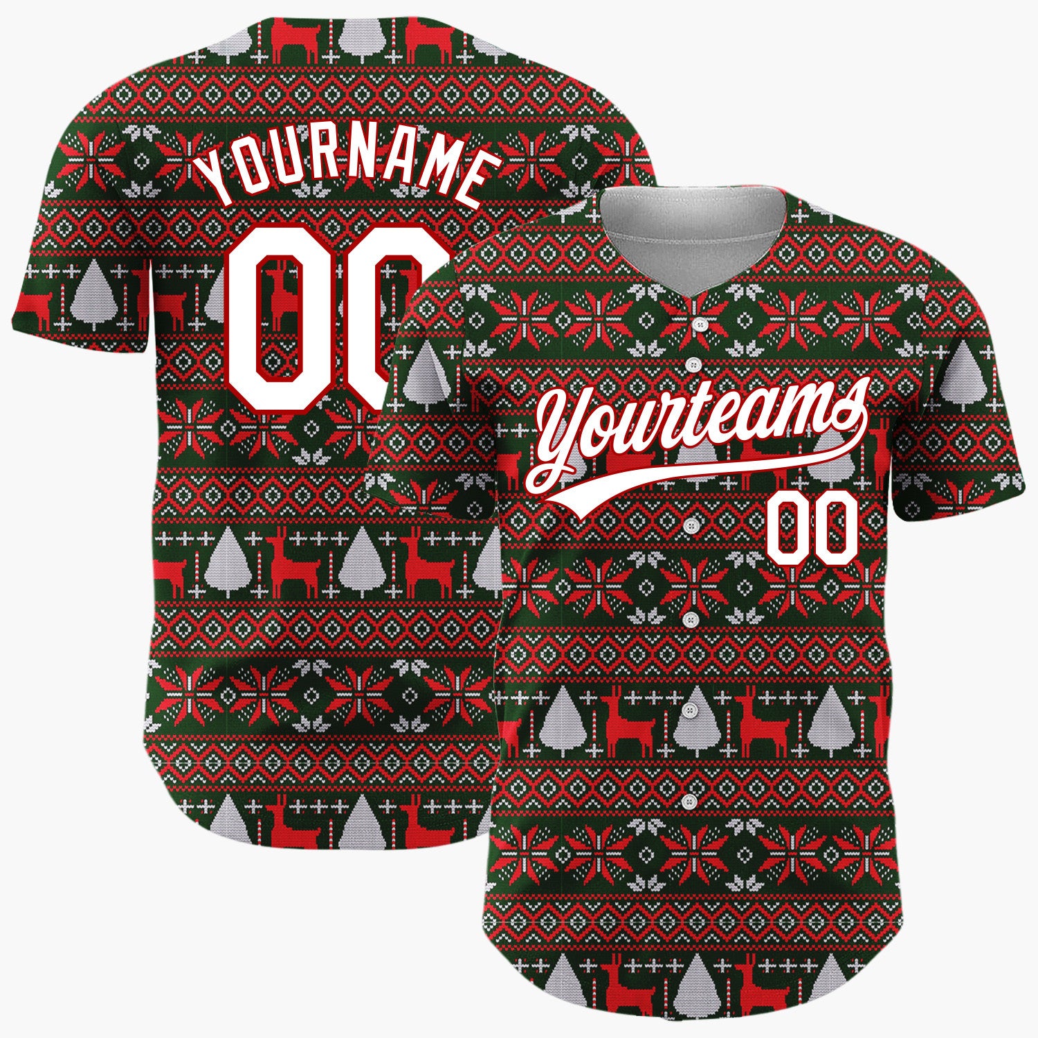 Custom Dark Green Red Reindeer And Trees Nordic Knit Pattern Christmas Baseball Jersey