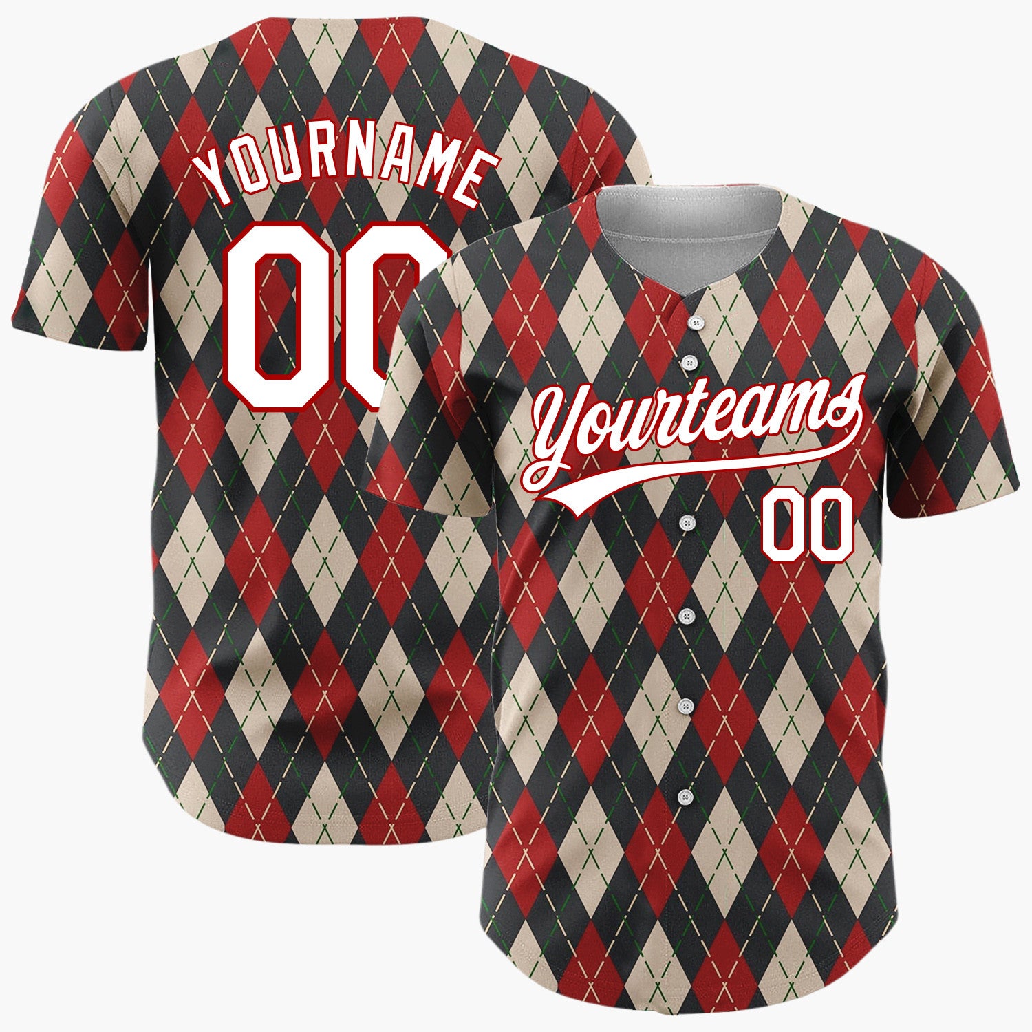 Custom Dark Red Argyle Diamond Pattern Abstract Pattern Christmas Baseball Jersey