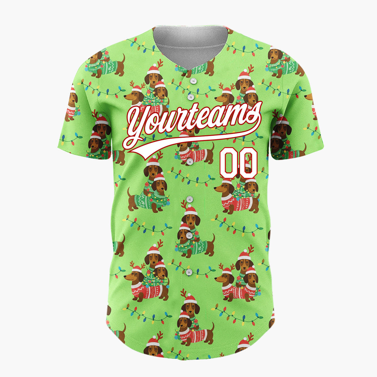 Custom Green Brown Dachshunds In Christmas Sweaters Festive Holiday Pattern Christmas Baseball Jersey