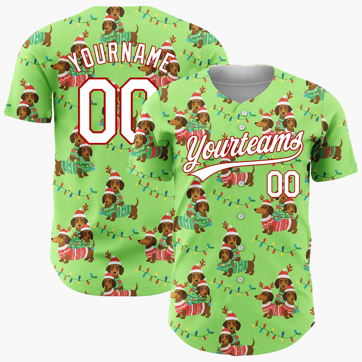Custom Green Brown Dachshunds In Christmas Sweaters Festive Holiday Pattern Christmas Baseball Jersey