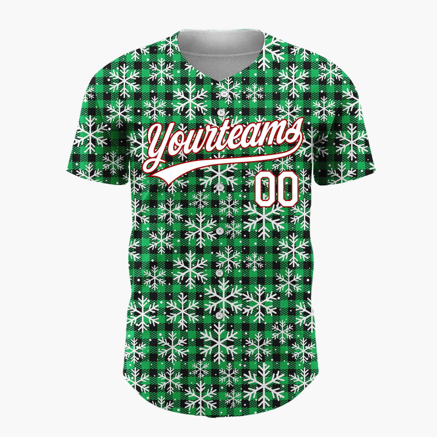 Custom Green Black Snowflakes Buffalo Plaid Pattern Christmas Baseball Jersey