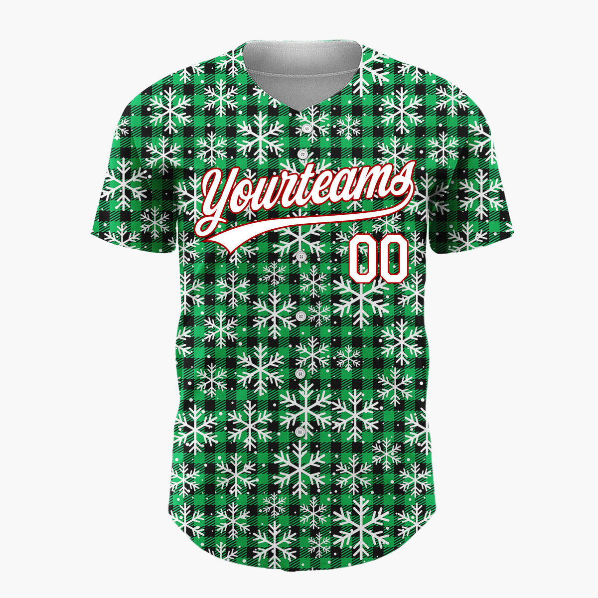 Custom Green Black Snowflakes Buffalo Plaid Pattern Christmas Baseball Jersey
