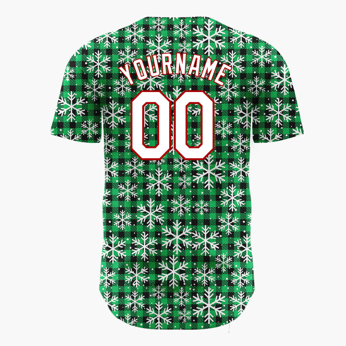 Custom Green Black Snowflakes Buffalo Plaid Pattern Christmas Baseball Jersey