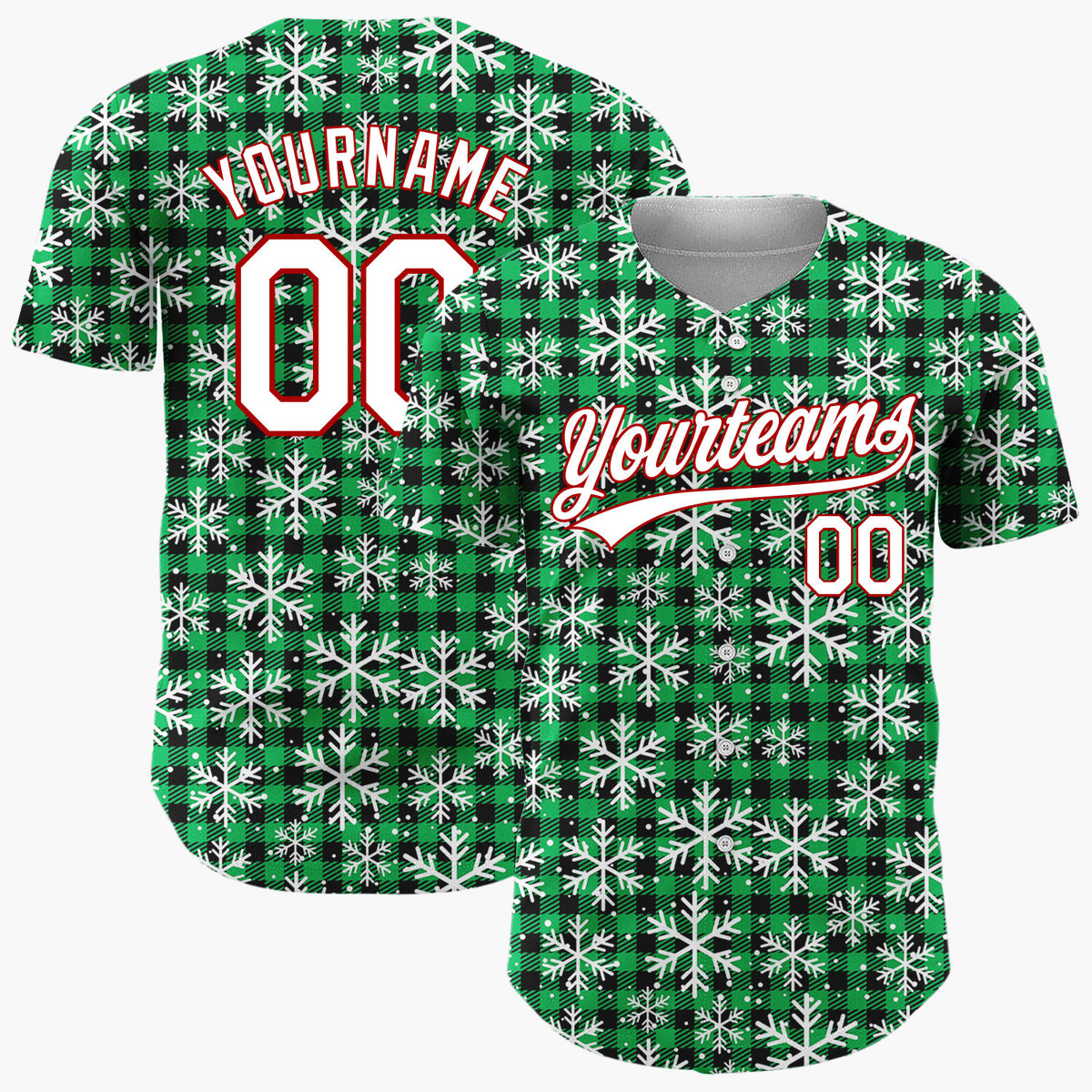 Custom Green Black Snowflakes Buffalo Plaid Pattern Christmas Baseball Jersey
