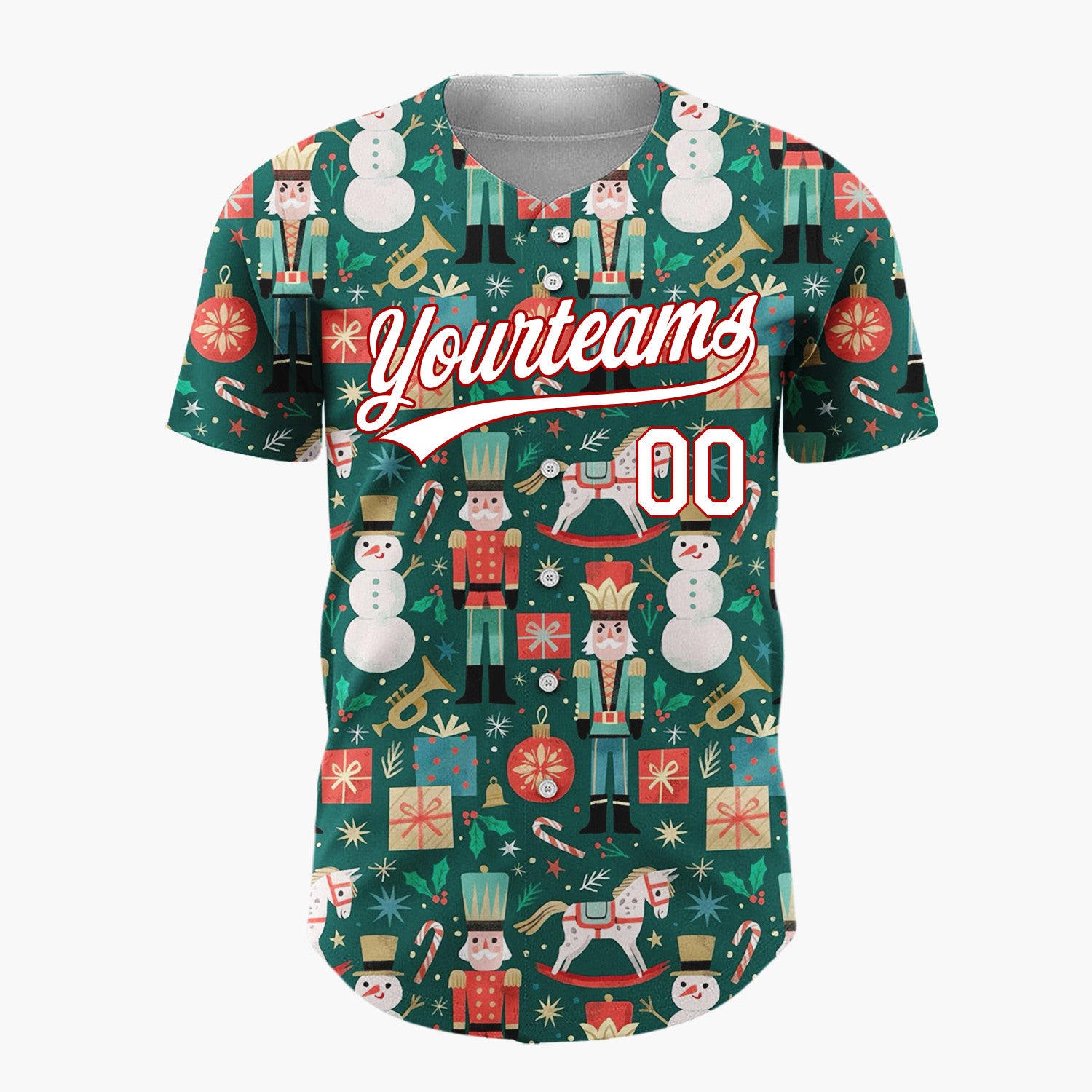 Custom Green Red Nutcracker Soldiers Snowmen And Gifts Traditional Christmas Baseball Jersey