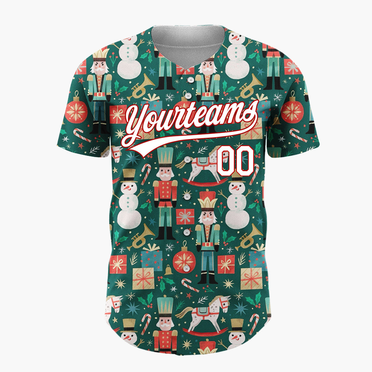 Custom Green Red Nutcracker Soldiers Snowmen And Gifts Traditional Christmas Baseball Jersey