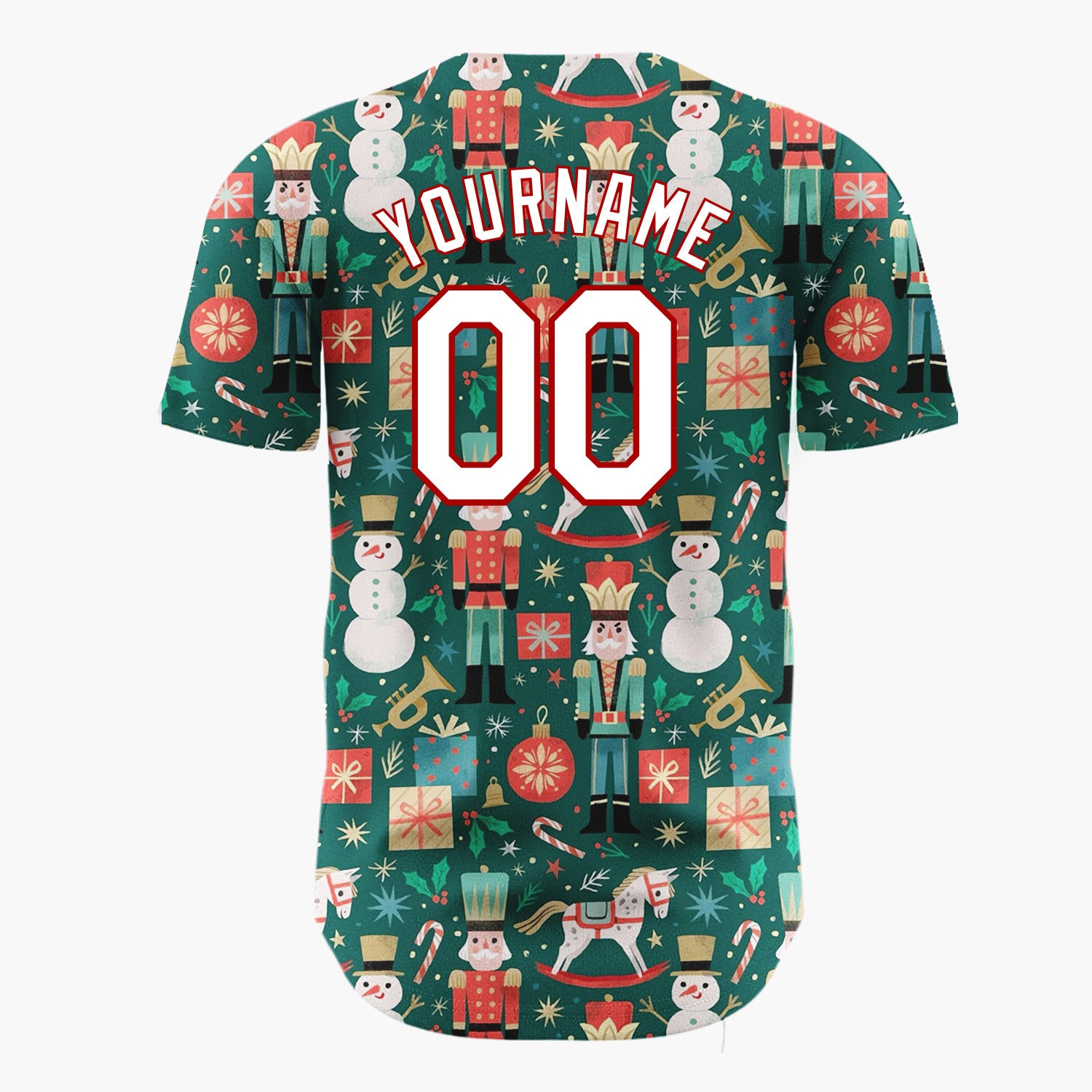 Custom Green Red Nutcracker Soldiers Snowmen And Gifts Traditional Christmas Baseball Jersey