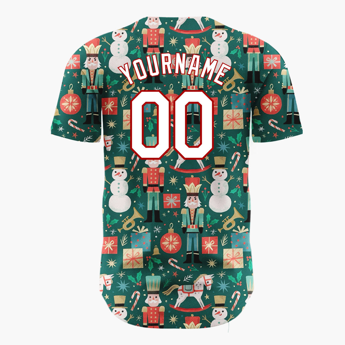 Custom Green Red Nutcracker Soldiers Snowmen And Gifts Traditional Christmas Baseball Jersey