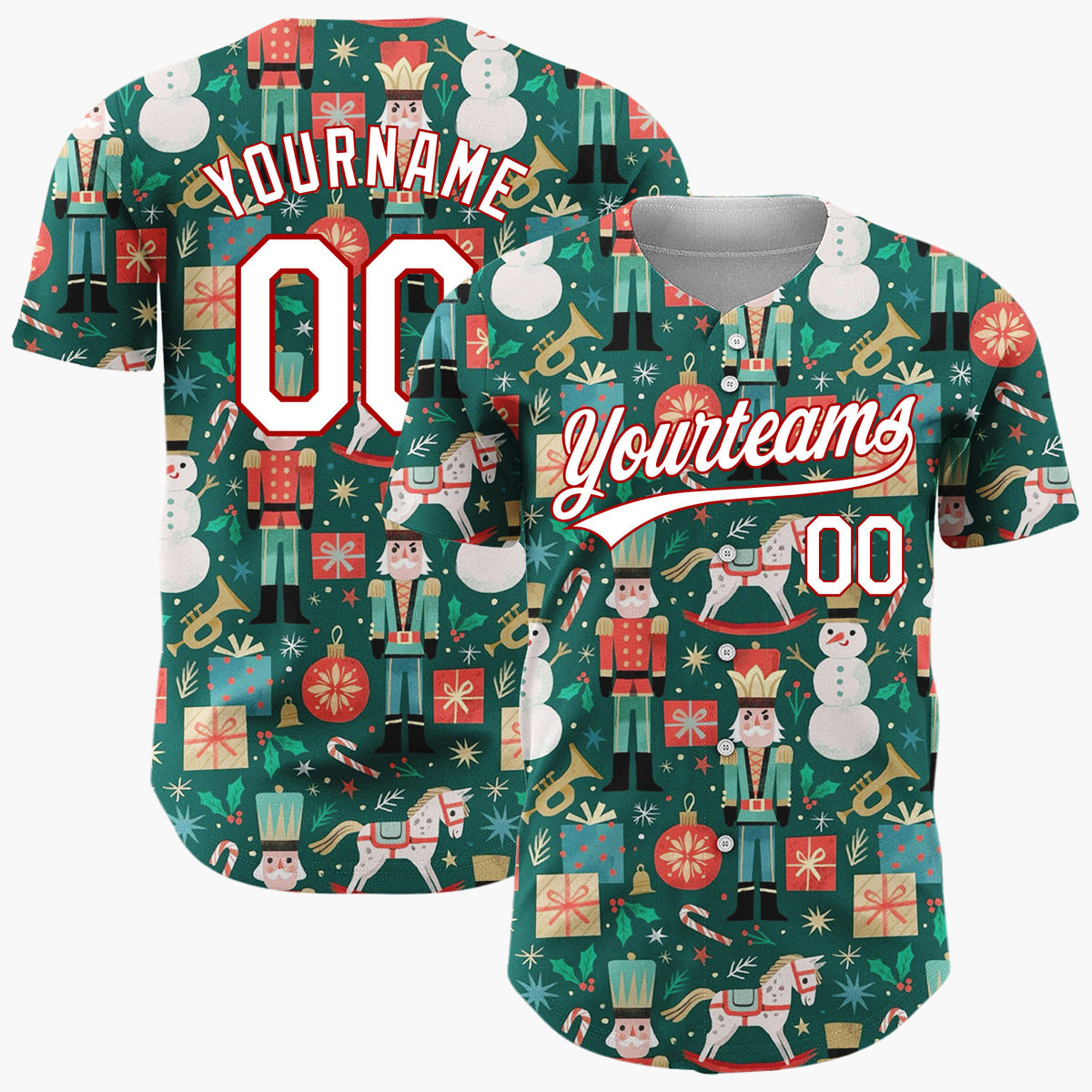 Custom Green Red Nutcracker Soldiers Snowmen And Gifts Traditional Christmas Baseball Jersey