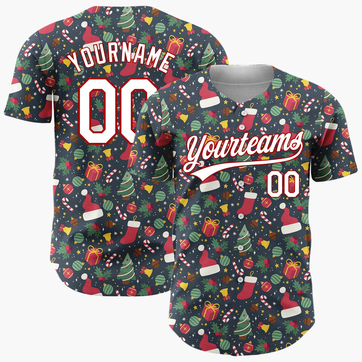 Custom Dark Red Christmas Ornaments Abstract Cartoon Pattern Christmas Baseball Jersey