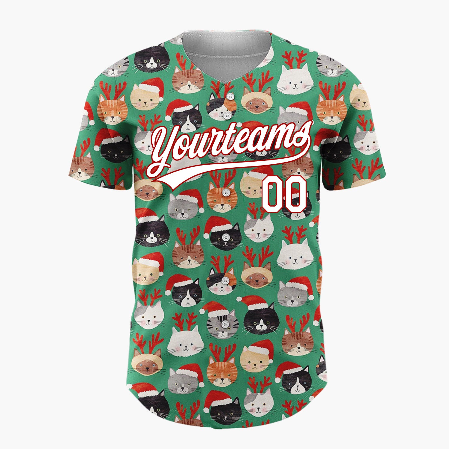 Custom Green Lovely Cats Wearing Santa Hat Christmas Doodles Cartoon Pattern Christmas Baseball Jersey