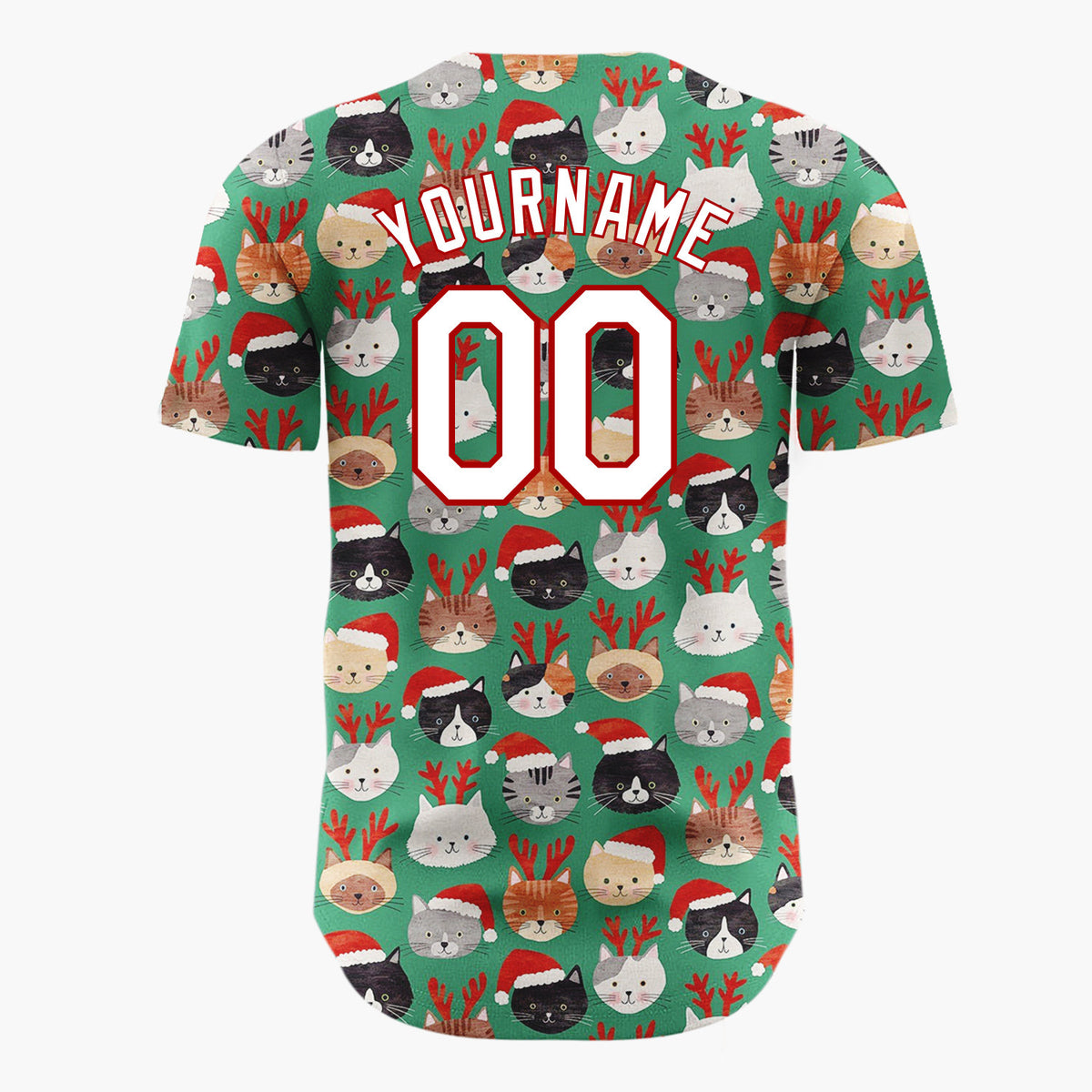 Custom Green Lovely Cats Wearing Santa Hat Christmas Doodles Cartoon Pattern Christmas Baseball Jersey