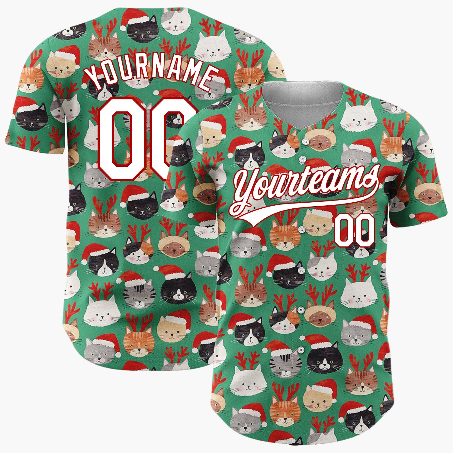 Custom Green Lovely Cats Wearing Santa Hat Christmas Doodles Cartoon Pattern Christmas Baseball Jersey