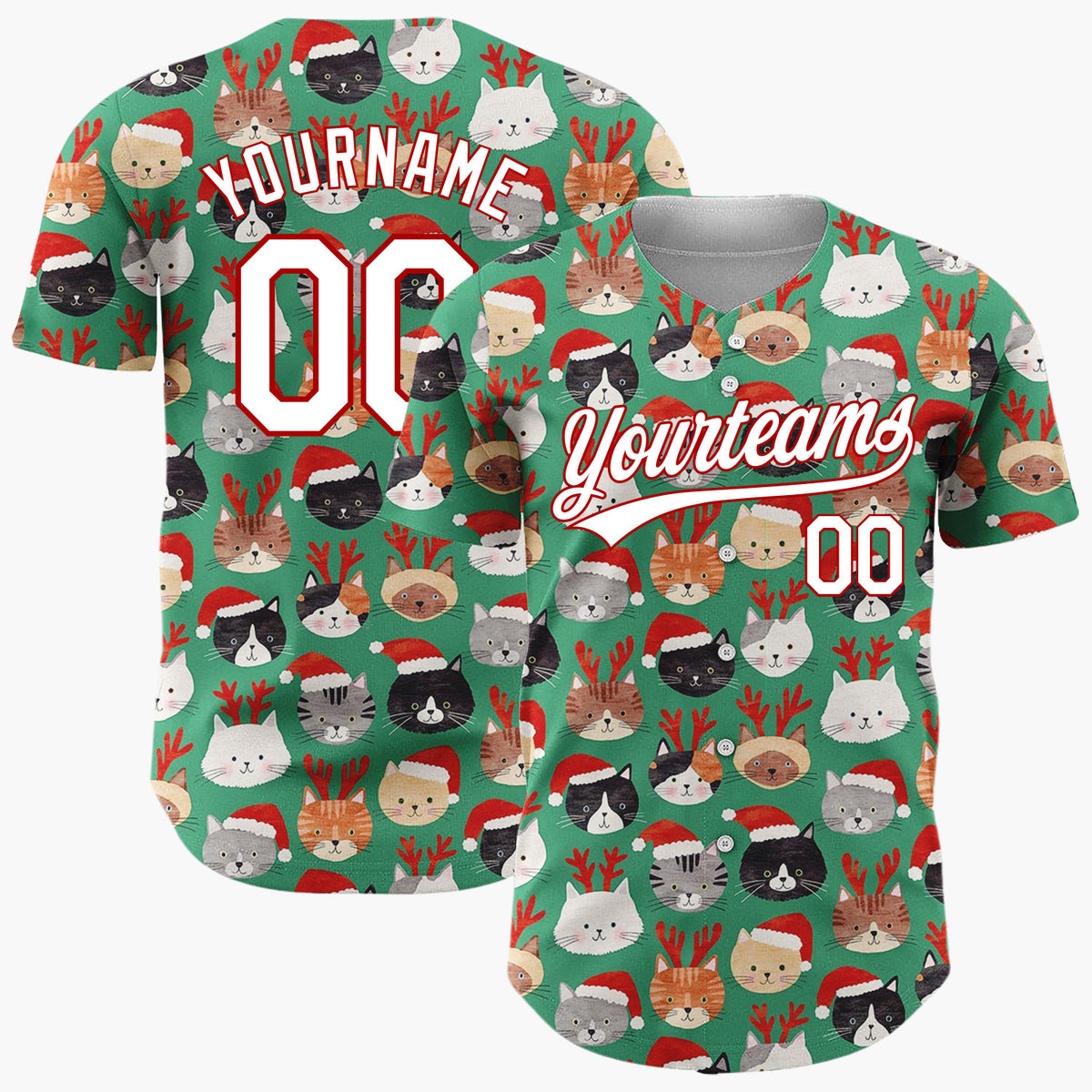 Custom Green Lovely Cats Wearing Santa Hat Christmas Doodles Cartoon Pattern Christmas Baseball Jersey