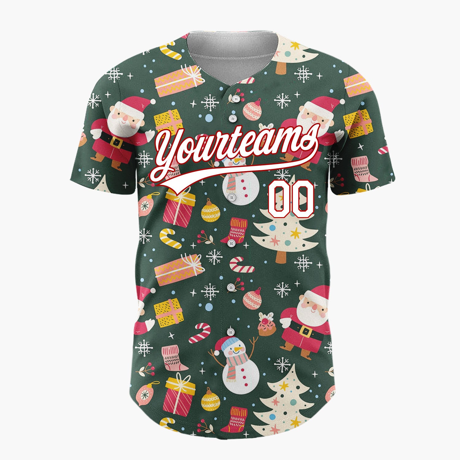 Custom Dark Green Red Santa Snowman Festive Pattern Christmas Baseball Jersey