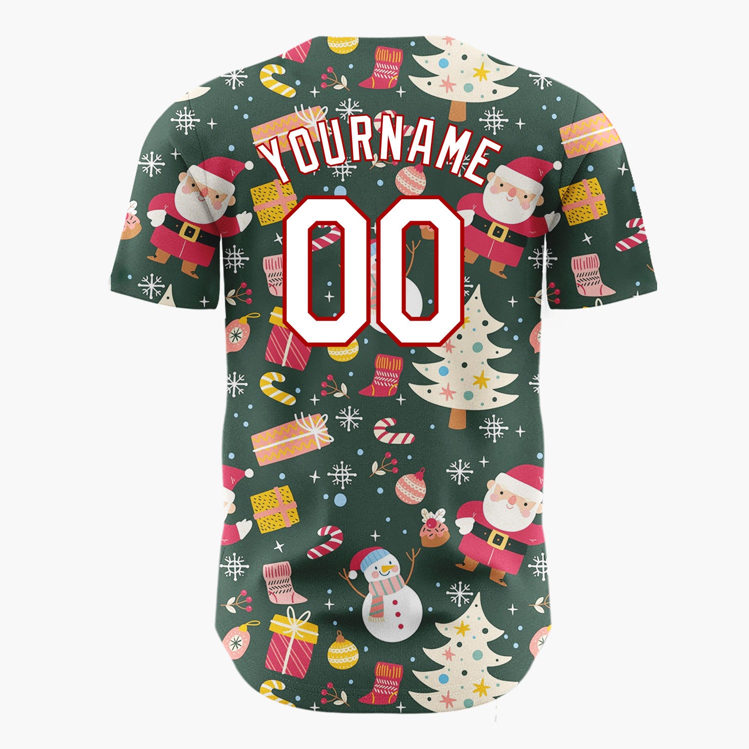 Custom Dark Green Red Santa Snowman Festive Pattern Christmas Baseball Jersey
